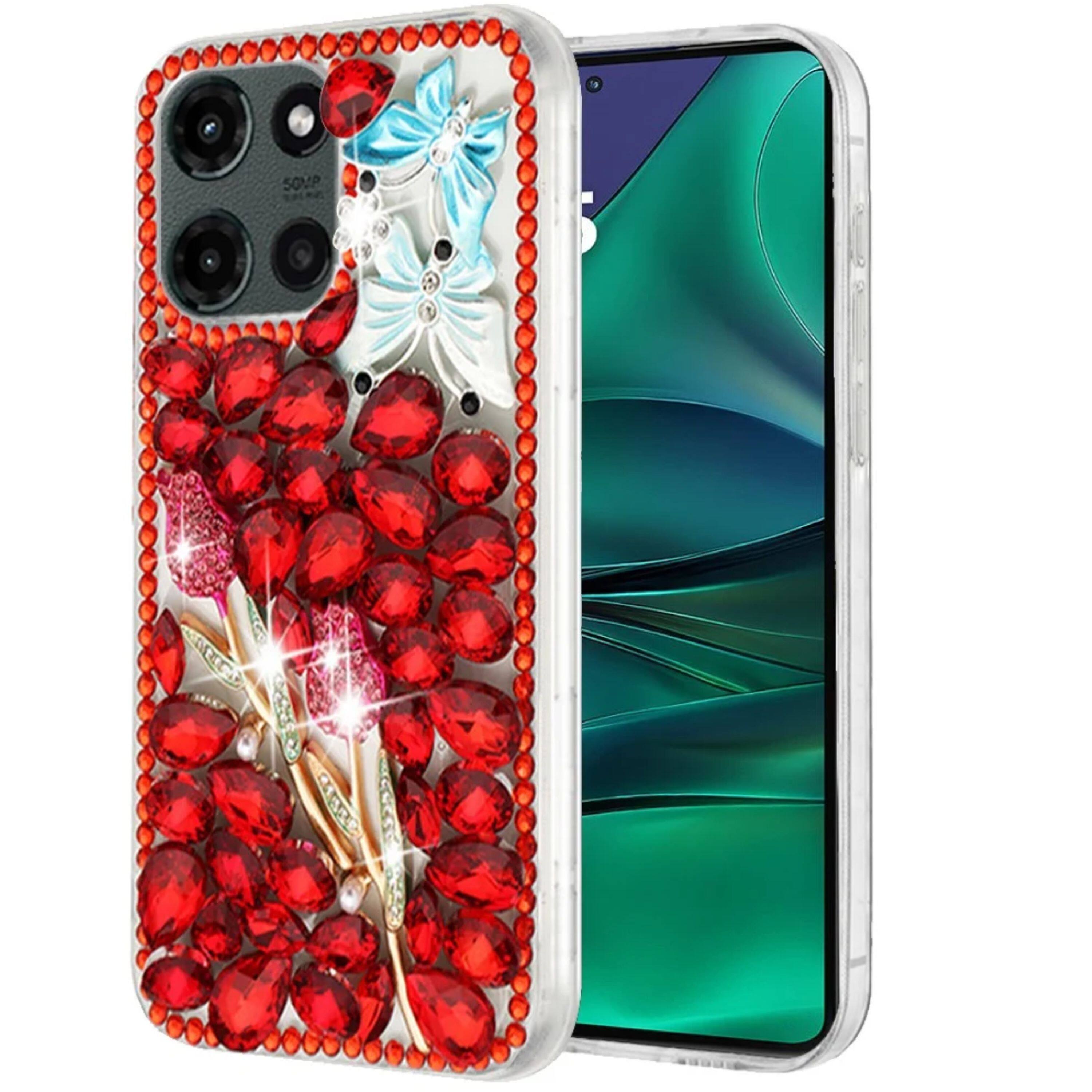 Left. Kitcheniva - Full Diamond Bling With 3D Jewel Case Plus Tempered Glass For Moto G Stylus 2026/2025 Red Exquisite - Red.