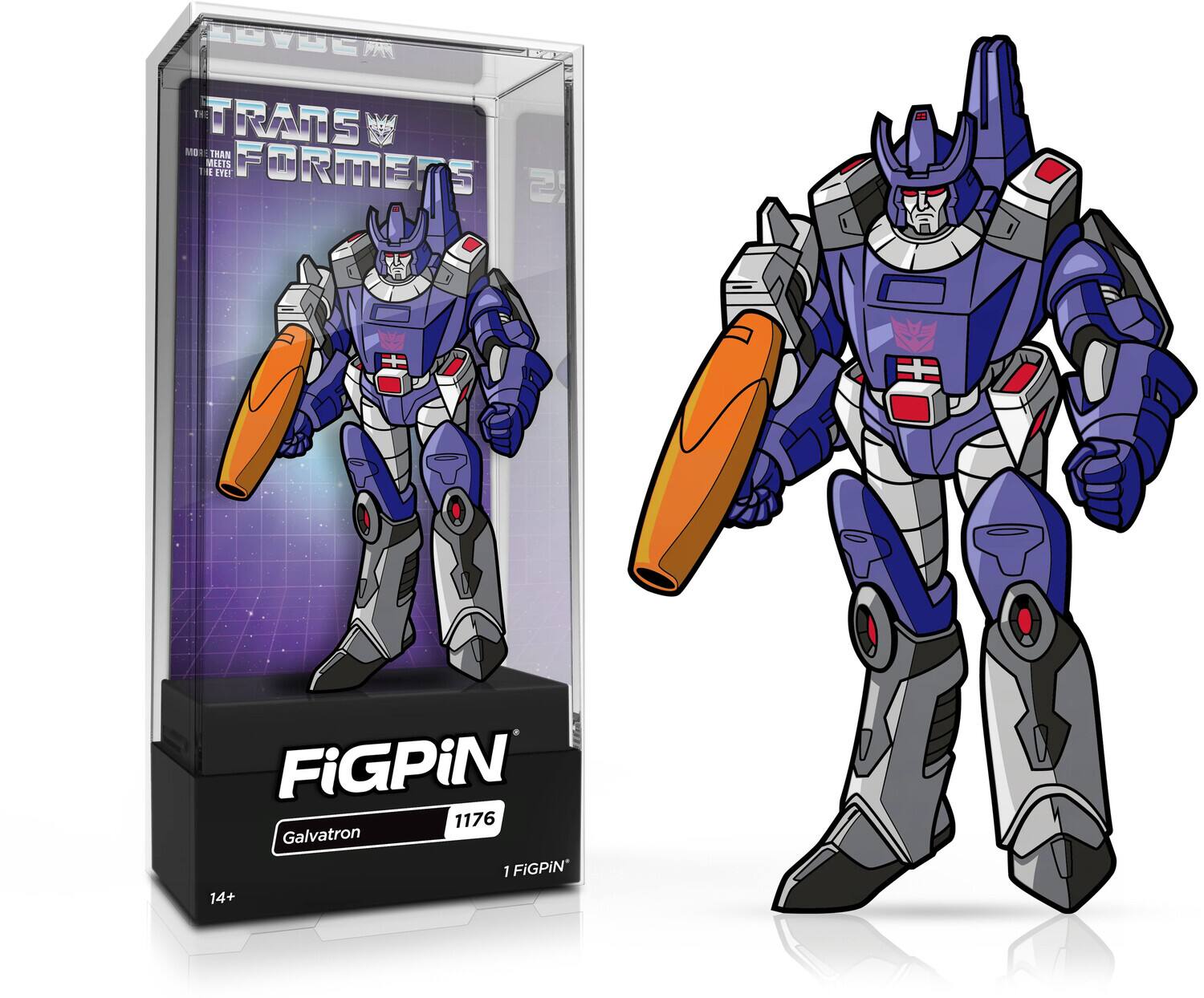 The text on the image is:

"TRANSFORMERS
100TH MEETS
FIGPIN
1176 Galvatron
14+"

Corrected and grouped text:

"TRANSFORMERS 100TH MEETS FIGPIN 1176 Galvatron 14+"