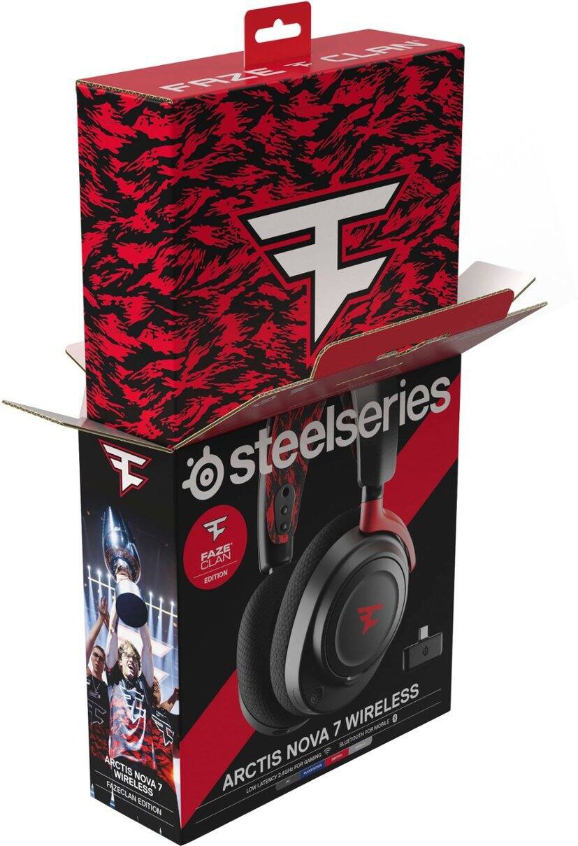 The image features a box containing a Faze Clan Edition headset. The headset is black and red in color and is designed by Steelseries. The headset is wireless and has a low latency feature, making it ideal for gaming. The headset is compatible with both Bluetooth and GameFCCR Arctis.