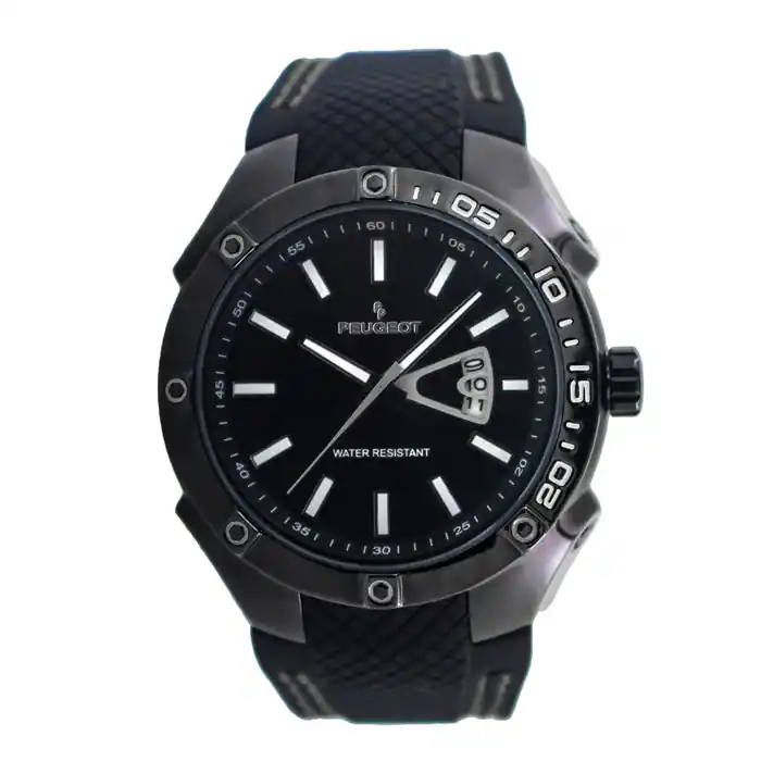 Peugeot - Men's 44mm Sport Calendar Stitched Rubber Band Watch - Black