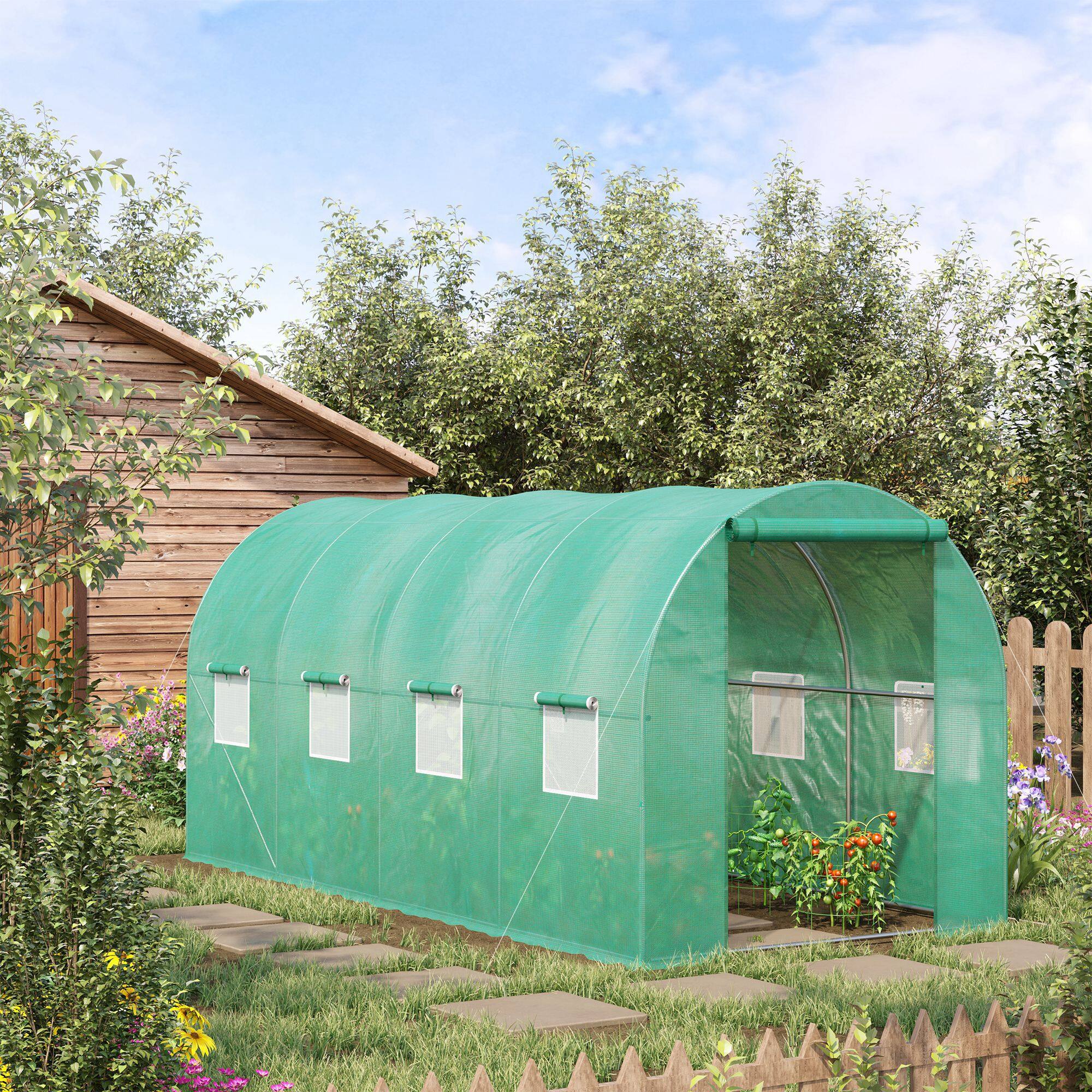 Alt View 1. Outsunny - 15' x 7' x 6.5' Walk-in Tunnel Hoop Greenhouse, Green House for Outside with PE Cover, Steel Frame.