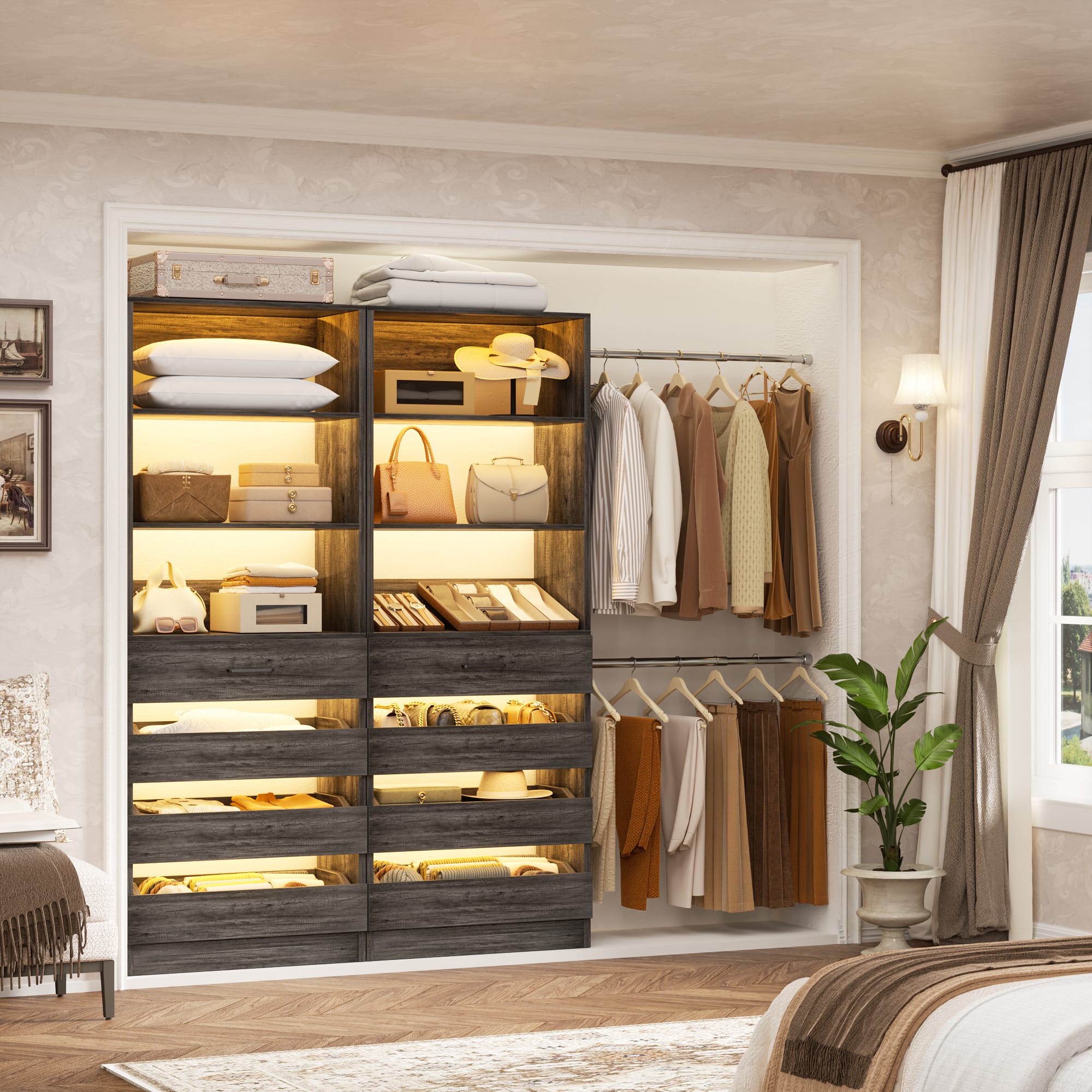 Aheaplus 2 Piece 4 9Ft Wooden Closet Organizer with 4 Drawers, 8