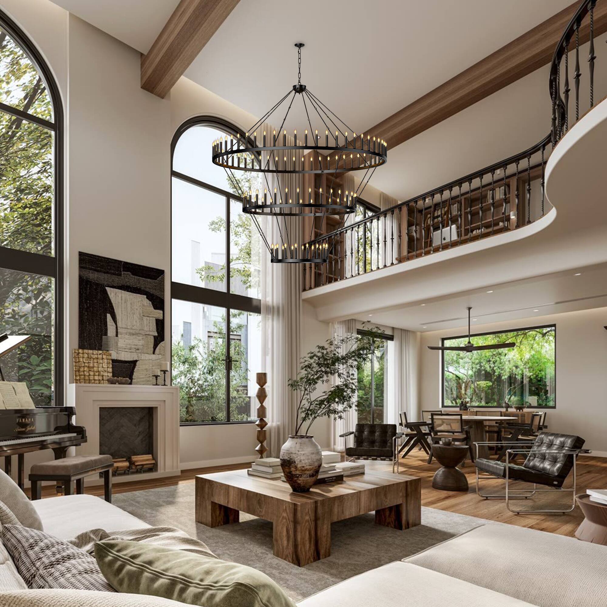 Left. RYHNUYNE - 3-Tier 96-Light Extra Large Wagon Wheel Chandelier Adjustable Farmhouse Pendant Light for High Ceiling Dining Room Foyer - Black.