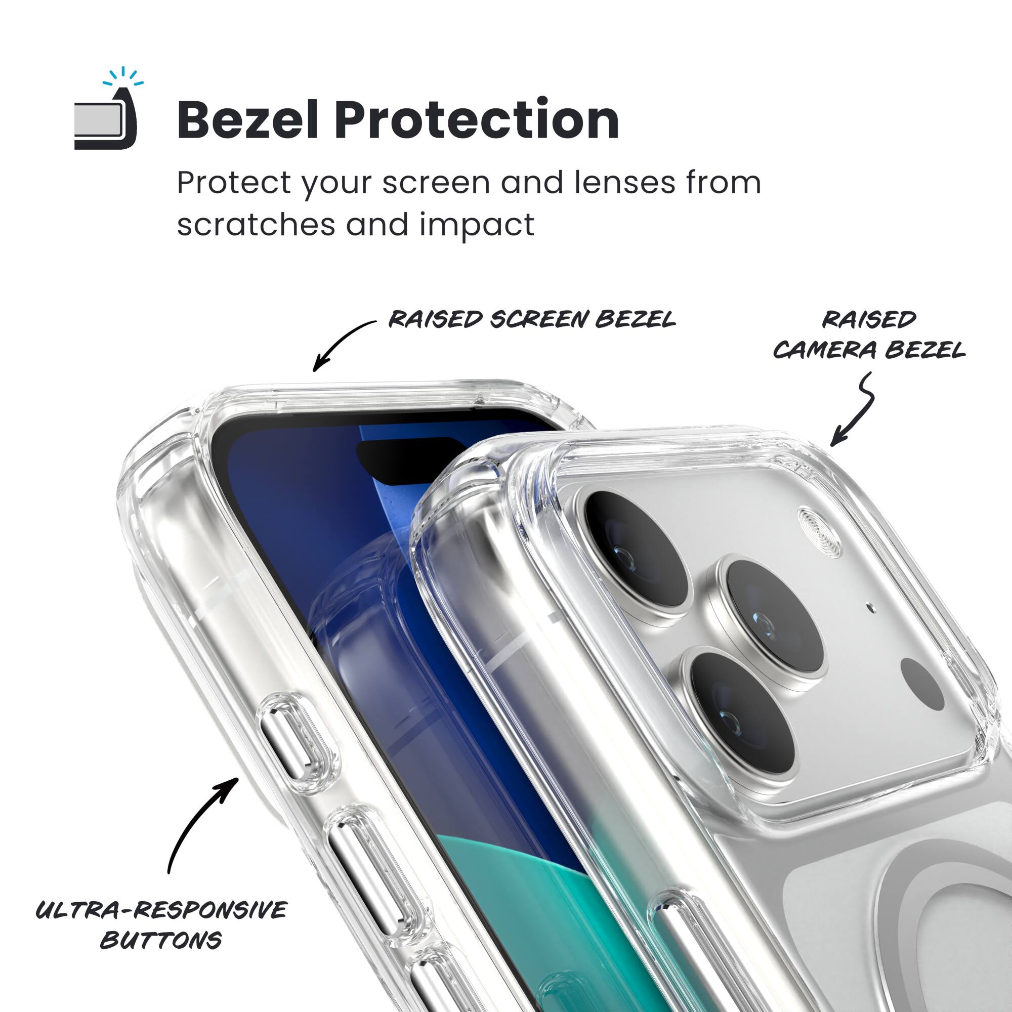 Bezel Protection

Protect your screen and lenses from scratches and impact

- RAISED SCREEN BEZEL
- RAISED CAMERA BEZEL
- ULTRA-RESPONSIVE BUTTONS