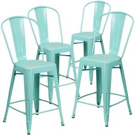 Emma + Oliver - Commercial Grade 4 Pack 24" High Metal Indoor-Outdoor Counter Height Stool with Back - Mint Green