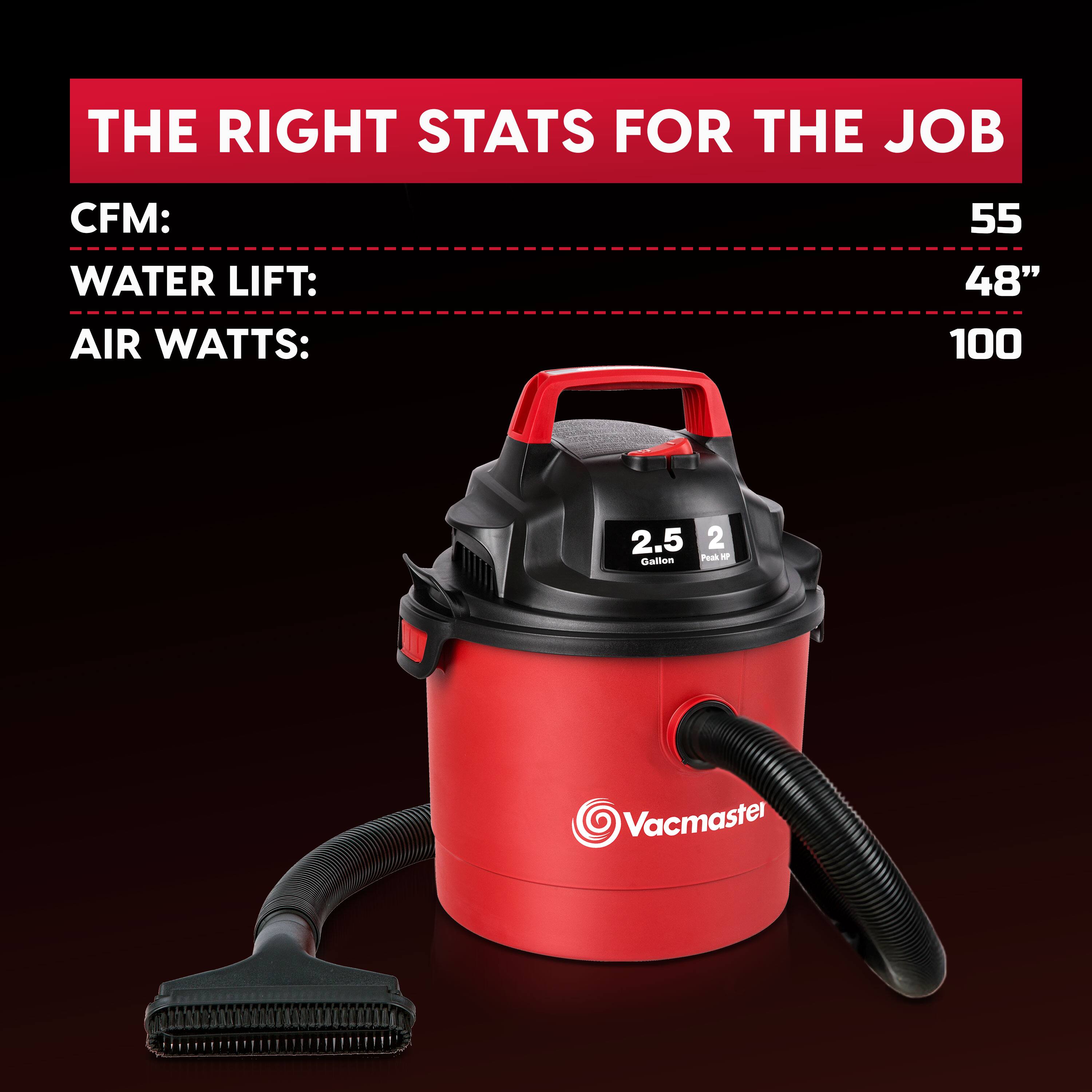 THE RIGHT STATS FOR THE JOB

CFM: 55  
WATER LIFT: 48"  
AIR WATTS: 100  

2.5 2 Peak HP Gallon  

Vacmaster
