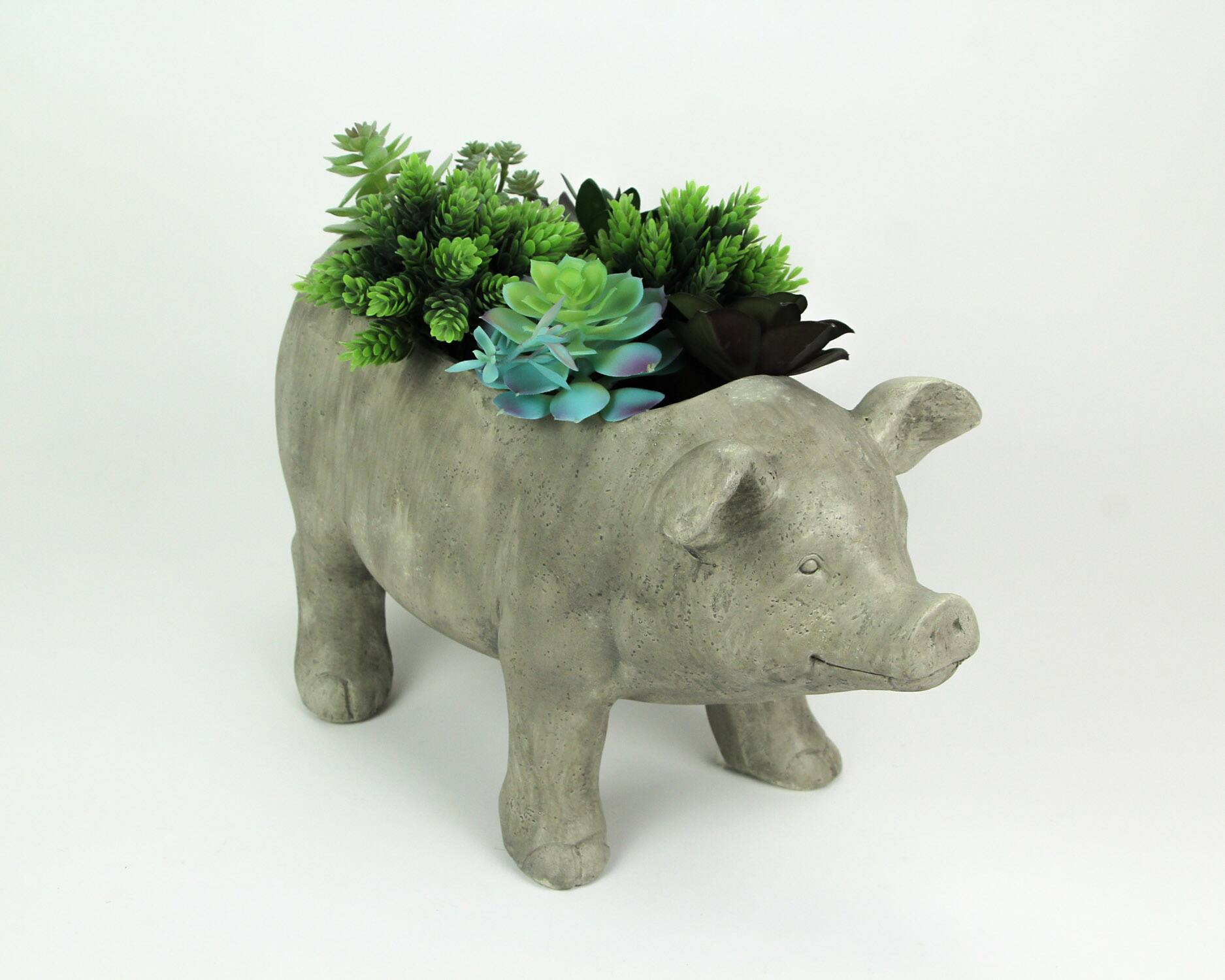 Alt View 1. Zeckos - 17 Inch Long Weathered Gray Finish Smiling Pig Planter - Grey.