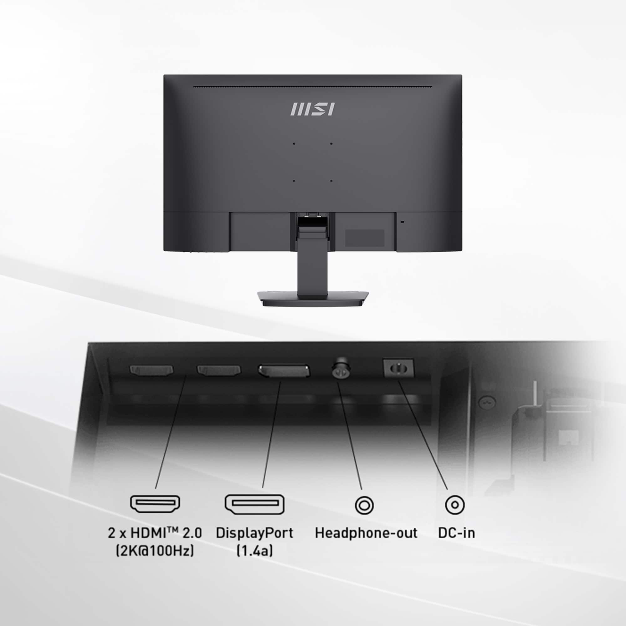 The text on the image reads: "II 2 x HDMI 2.0 DisplayPort Headphone-out DC-in (2K(a100Hz) (1.4a)". This text is describing a computer monitor with a DisplayPort and two HDMI ports, as well as a headphone jack and a DC-in port. The monitor is capable of displaying 2K resolution at 100Hz refresh rate, and it has a 1.4a power supply.