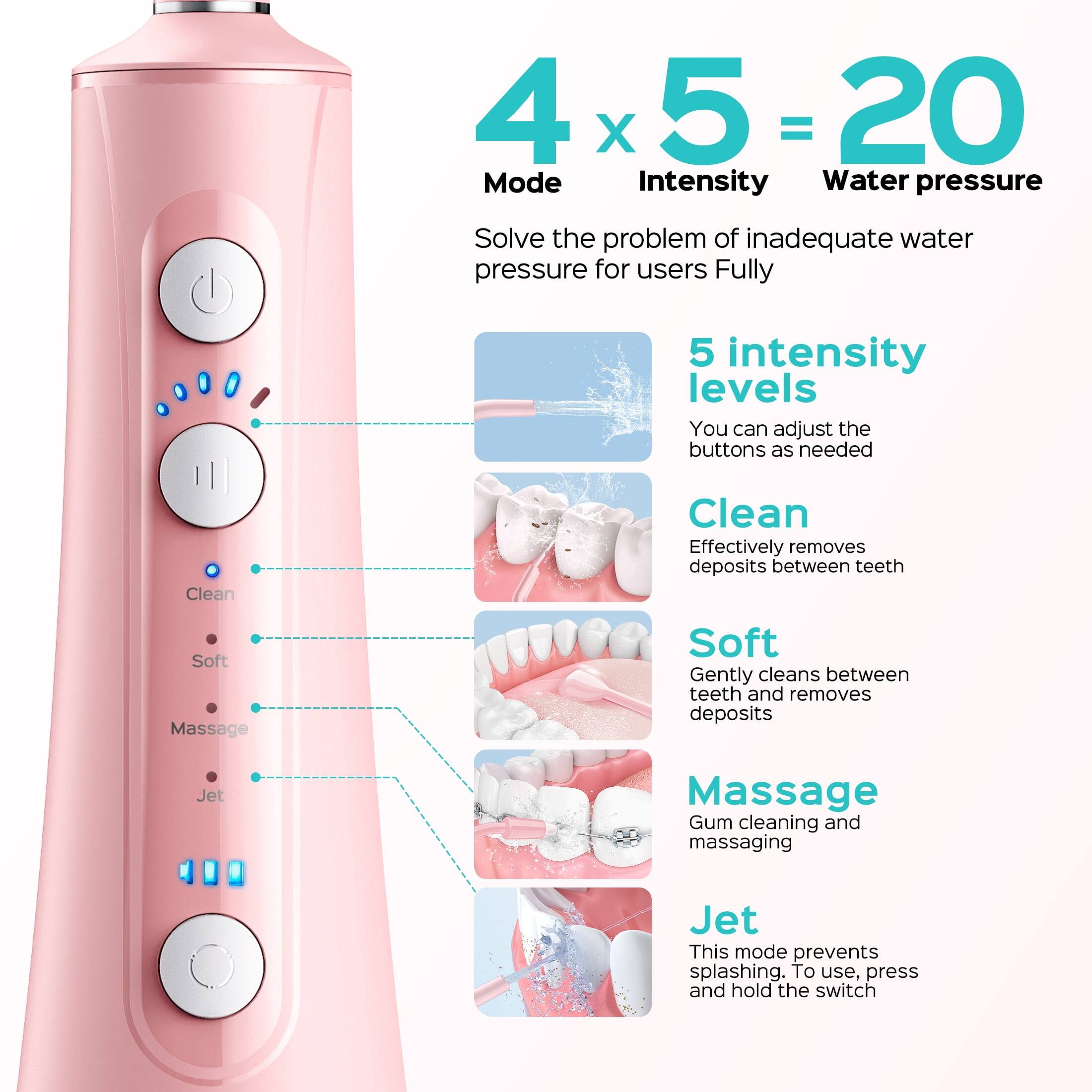 4 x 5 = 20  
Mode Intensity Water pressure  
Solve the problem of inadequate water pressure for users Fully  
5 intensity levels  
You can adjust the buttons as needed  
Clean  
Effectively removes deposits between teeth  
Soft  
Gently cleans between teeth and removes deposits  
Massage  
Gum cleaning and massaging  
Jet  
This mode prevents splashing. To use, press and hold the switch
