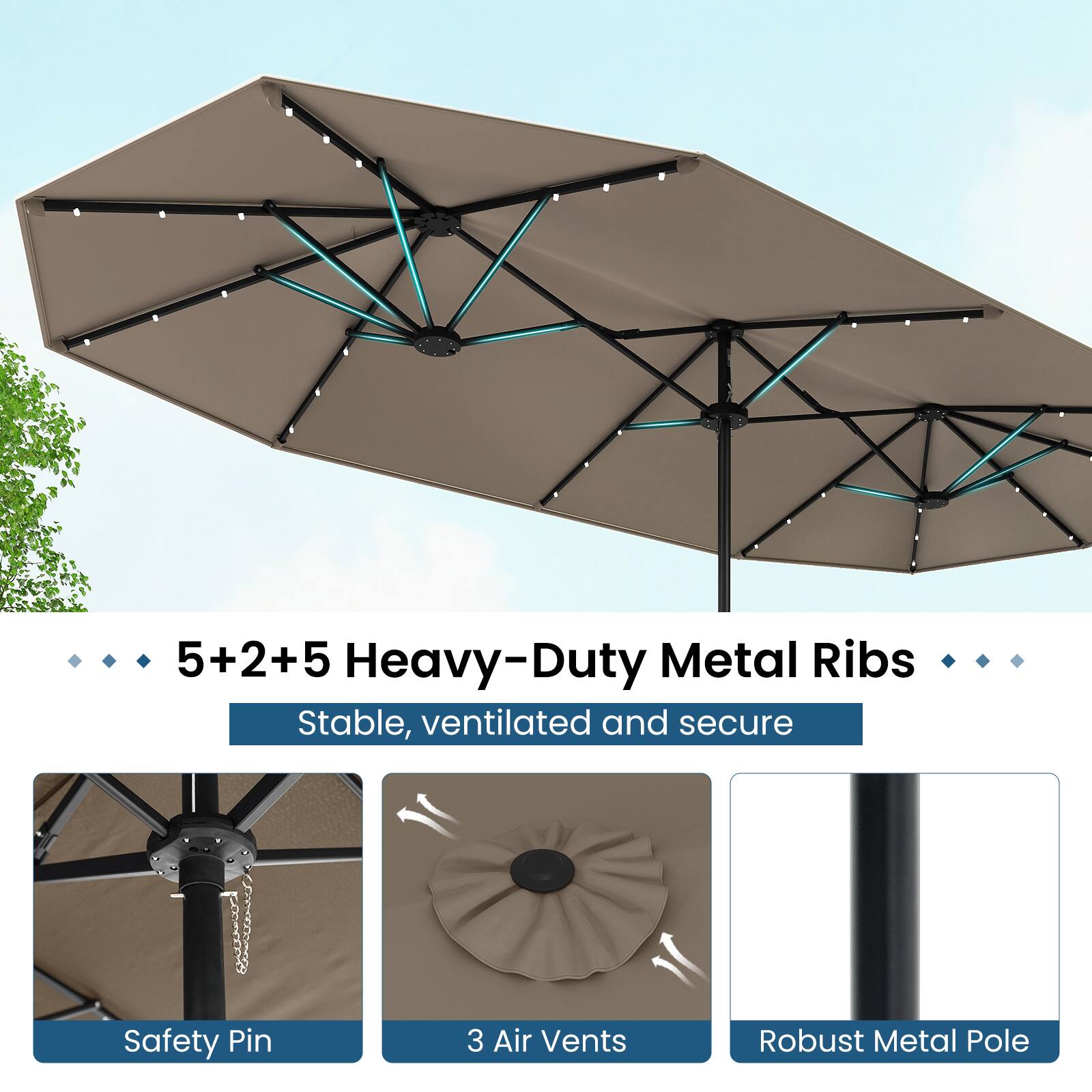 5+2+5 Heavy-Duty Metal Ribs  
Stable, ventilated and secure  
Safety Pin  
3 Air Vents  
Robust Metal Pole