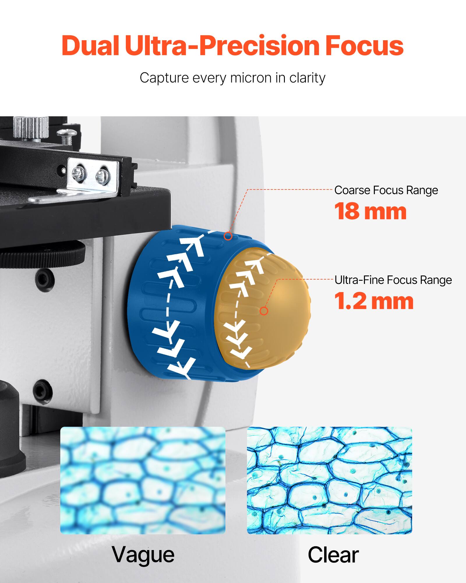 Dual Ultra-Precision Focus  
Capture every micron in clarity  

Coarse Focus Range: 18 mm  
Ultra-Fine Focus Range: 1.2 mm  

Vague  
Clear