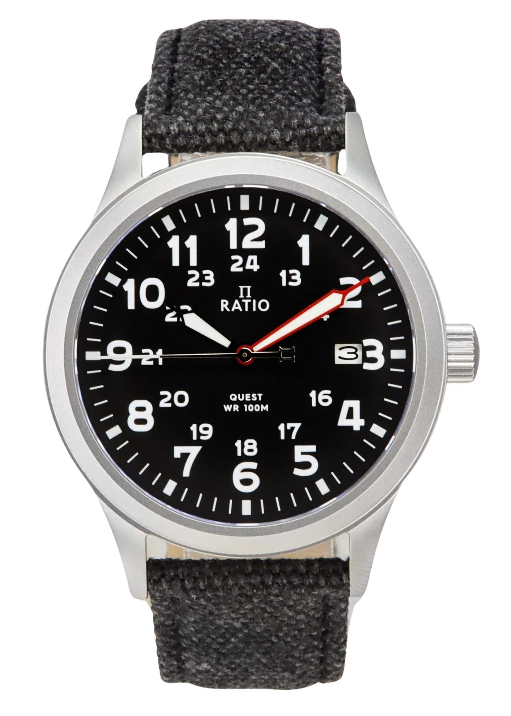 RATIO - Quest Men's Field Watch Sapphire Canvas Strap Quartz RTQ023 100M Lewis And Clark Edition - Black and Grey