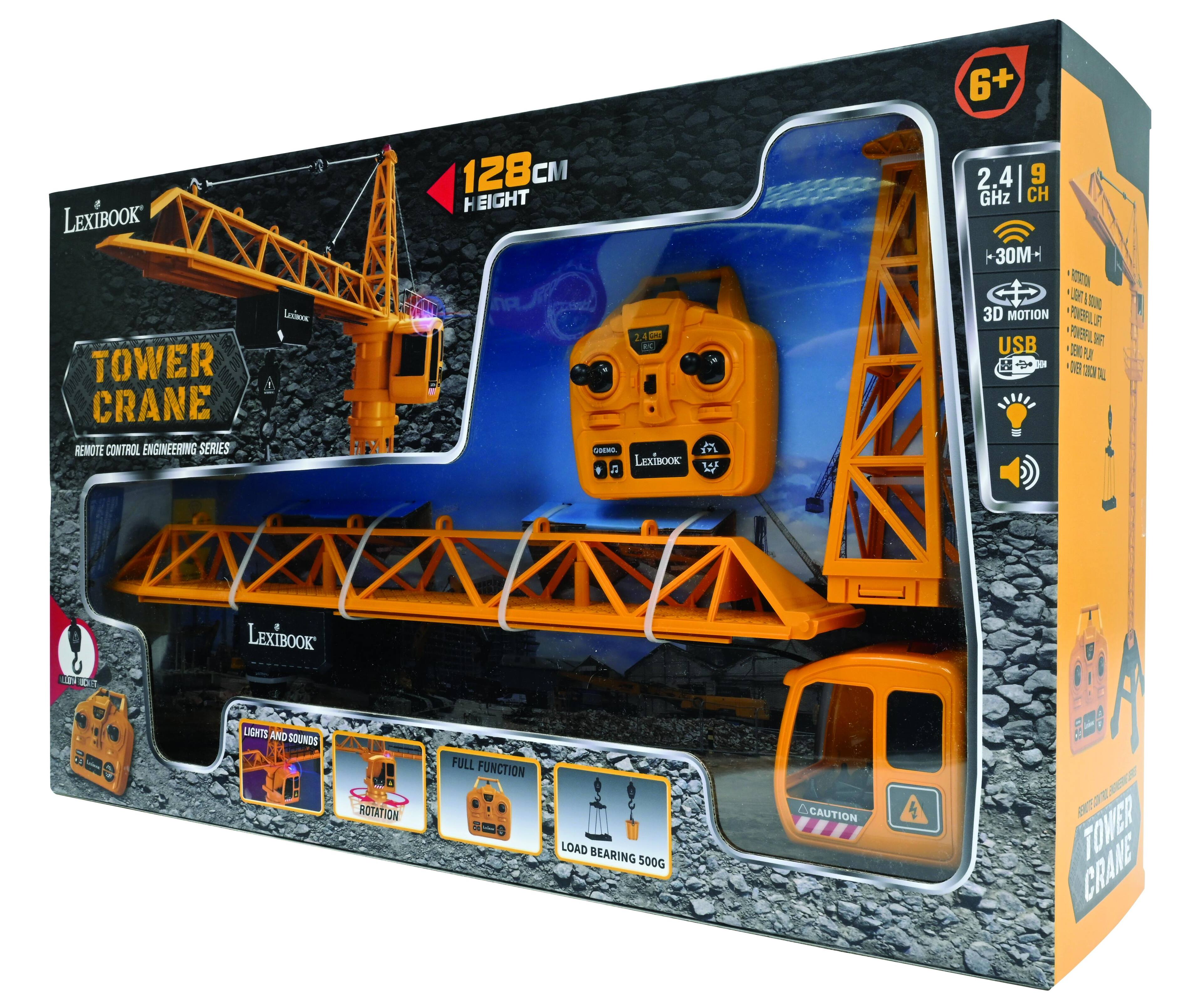 6+ LEXIBOOK TOWER CRANE REMOTE CONTROL ENGINEERING SERIES  
128cm HEIGHT  
2.4 GHz 9 CH  
30M  
3D MOTION  
USB  
LIGHTS AND SOUNDS  
FULL FUNCTION  
ROTATION  
LOAD BEARING 500G  
CAUTION