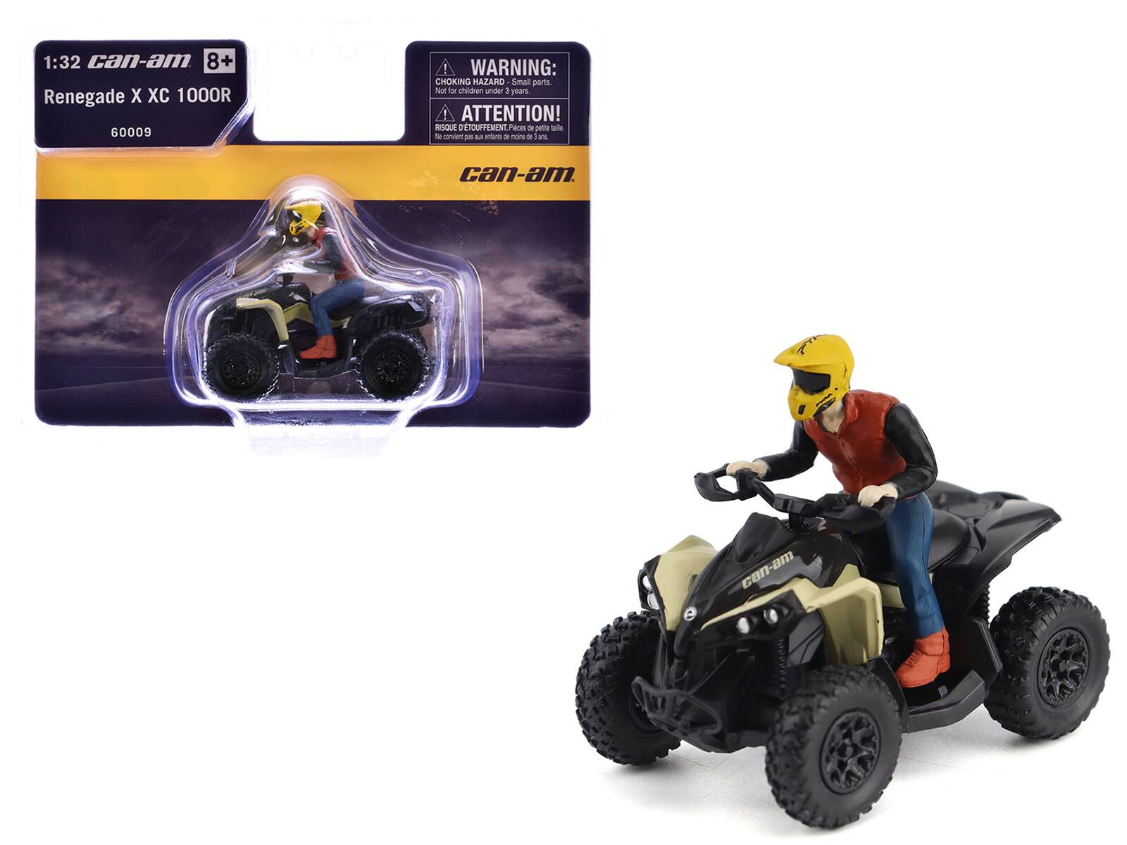 1:32 can-am 8+ Renegade X XC 1000R 60009

WARNING: CHOKING HAZARD Small parts Not for children under 3 years

ATTENTION! RISQUE D'ÉTOUFFEMENT. Pièces de petite taille. Ne convient pas aux enfants de moins de 3 ans.