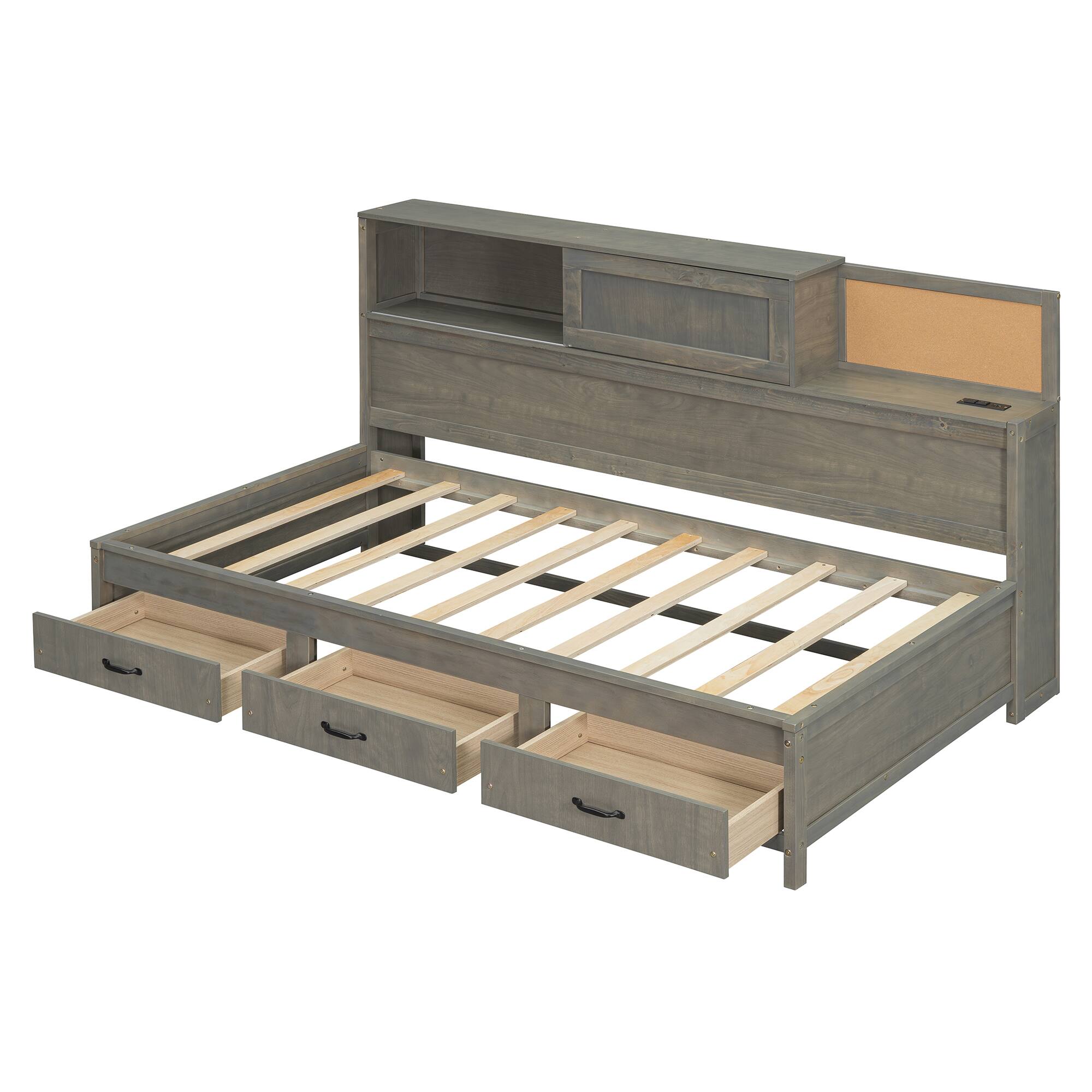 Alt View 9. Tiramisubest - Twin Size Wooden Daybed with 3 Storage Drawers, Upper Soft Board, shelf, and a set of Sockets and USB Ports, Gray - Gray.
