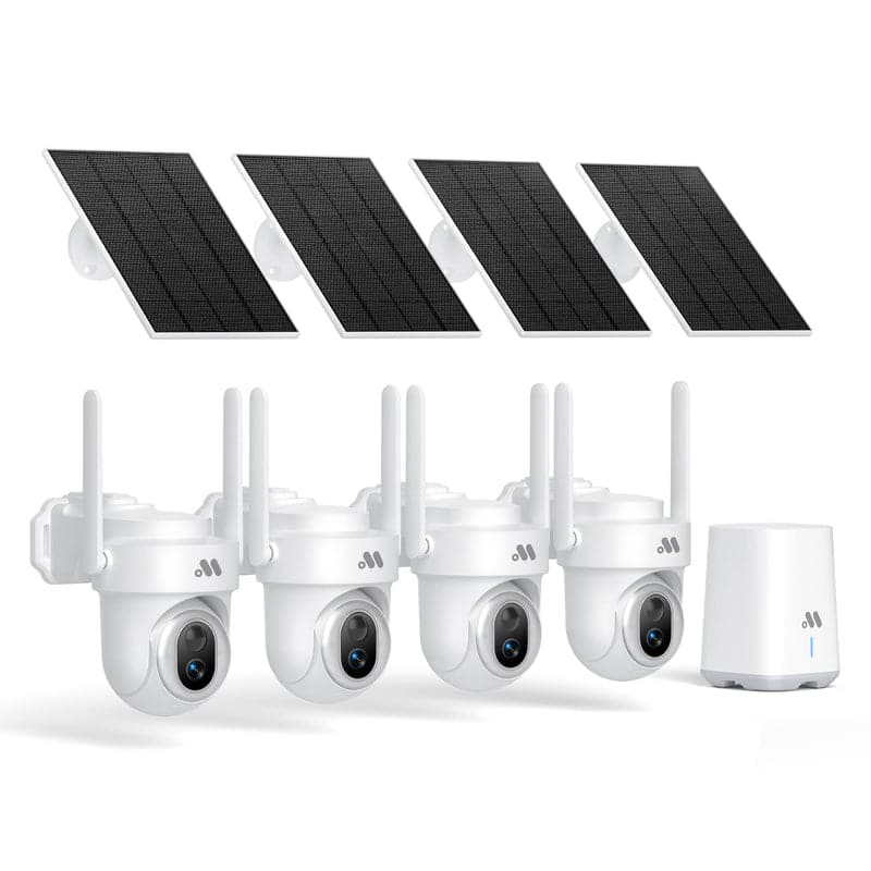Front. Musthome - Solar-Powered Outdoor Security Cameras, 4-Cam Kit with Home Base, 360° View, 4K Resolution, No Monthly Fee - White.