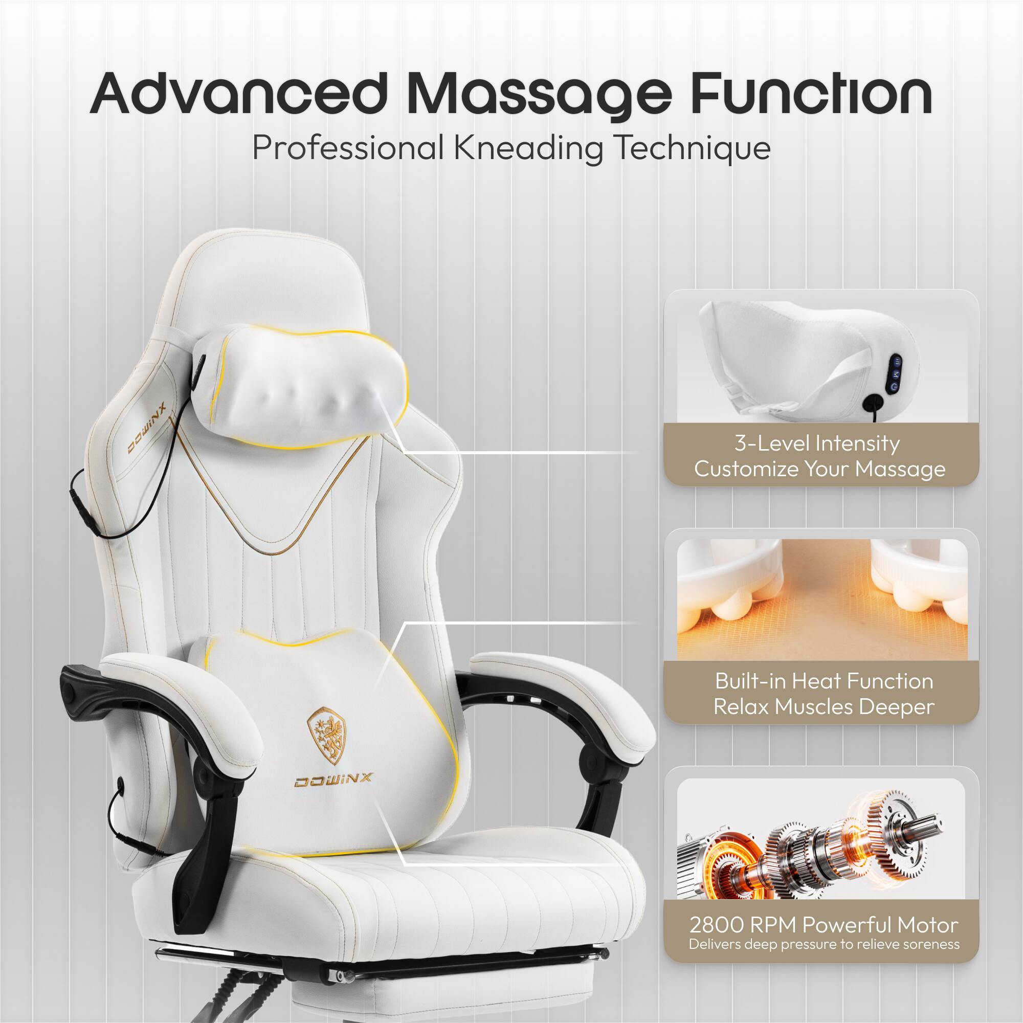 Advanced Massage Function  
Professional Kneading Technique  

3-Level Intensity  
Customize Your Massage  

Built-in Heat Function  
Relax Muscles Deeper  

2800 RPM Powerful Motor  
Delivers deep pressure to relieve soreness