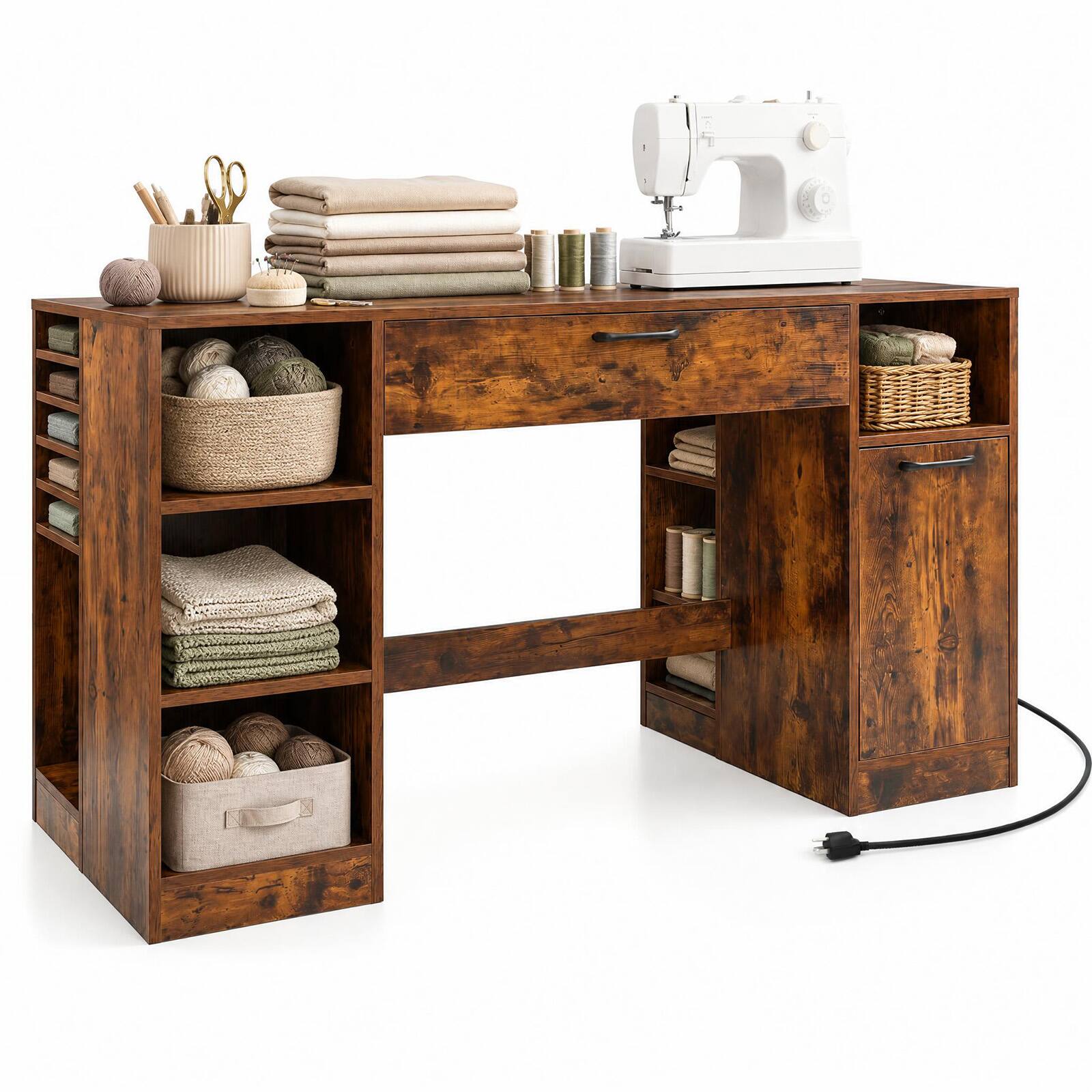 Alt View 1. Costway - Costway 53" Sewing Table with Power Outlets 2 Drawers Open Compartments 5 Removable Shelves - Rustic Brown.