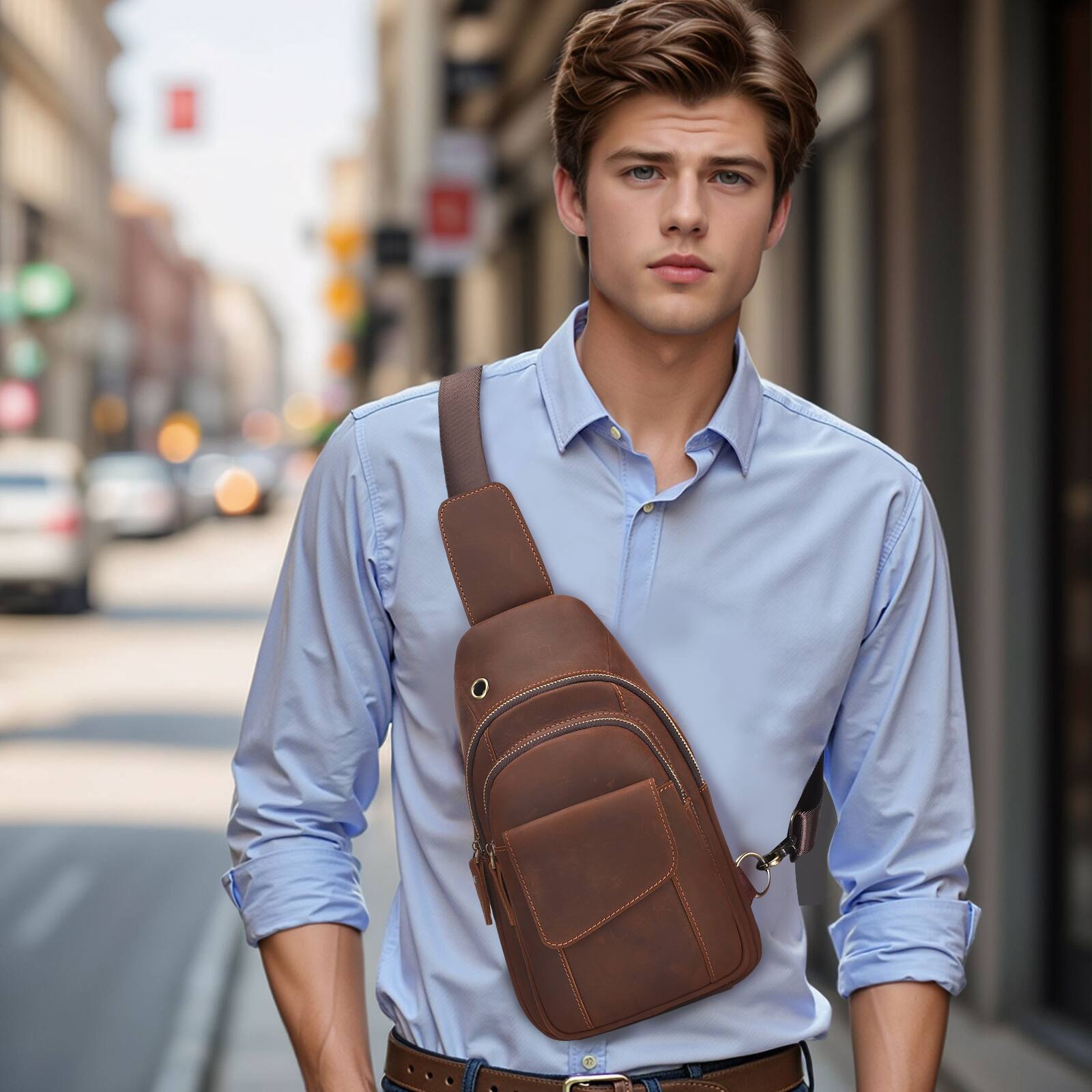 Alt View 1. Unique Bargains - Full-Grain Leather Sling Bag for Men Women Vintage Multi-Pocket Crossbody Bag with Concealed Carry Compartment - Matt brown.