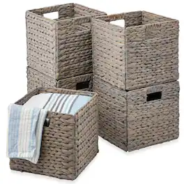 Best Choice Products - 12x12in Hyacinth Baskets, Set of 5 Multipurpose Collapsible Organizers w/ Inserts - Gray