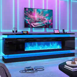 Espafurni - 81" TV Stand w/50" Fireplace & Outlet, High Gloss, 2 Cabinets & Dual LEDs – Fits 75-90" TV - Black