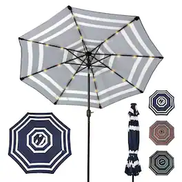 Sunnydaze - 9 ft Solar Patio Umbrella with Lights, Tilt, and Crank - Navy Blue Stripe