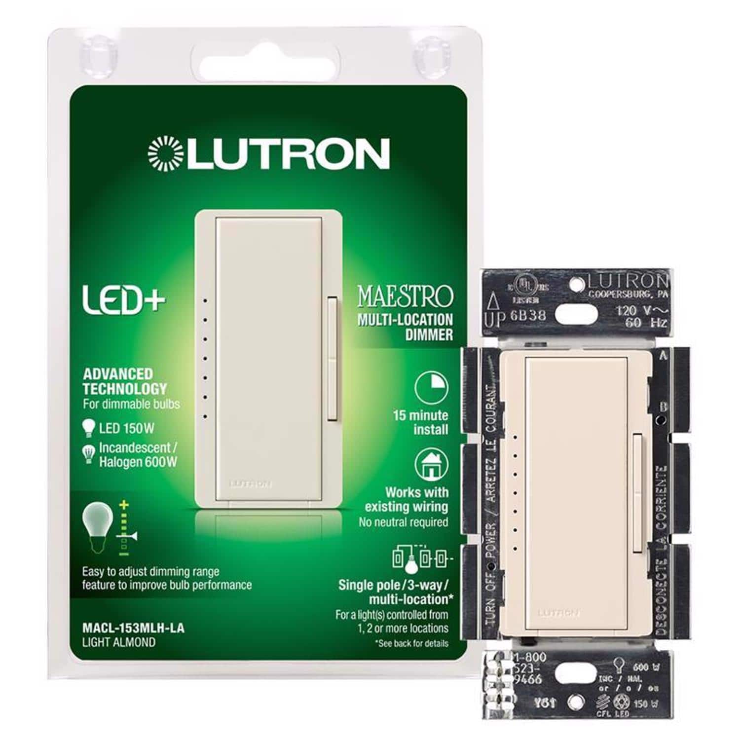 Lutron - Maestro 150 W 3 Way Dimmer Switch 1 pk - Light Almond