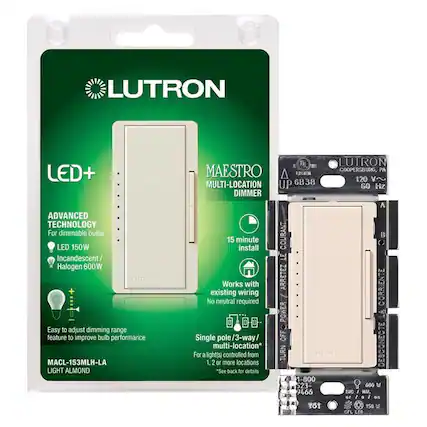 LUTRON LED+ ADVANCED TECHNOLOGY
For dimmable bulbs
LED 150W
Incandescent/ Halogen 600W
MAESTRO MULTI-LOCATION DIMMER
MACL-153MLH-LA
LIGHT ALMOND
Easy to adjust dimming range feature to improve bulb performance
15 minute install
Works with existing wiring
No neutral required
Single pole/3-way/ multi-location*
For a light(s) 1, 2 or more controlled locations from 2 or more locations*
*See back for details
120 V~
60 Hz
1-800-523-5000
www.lutron.com
LUTRON
COOPERSBURG, PA
UP 6B38