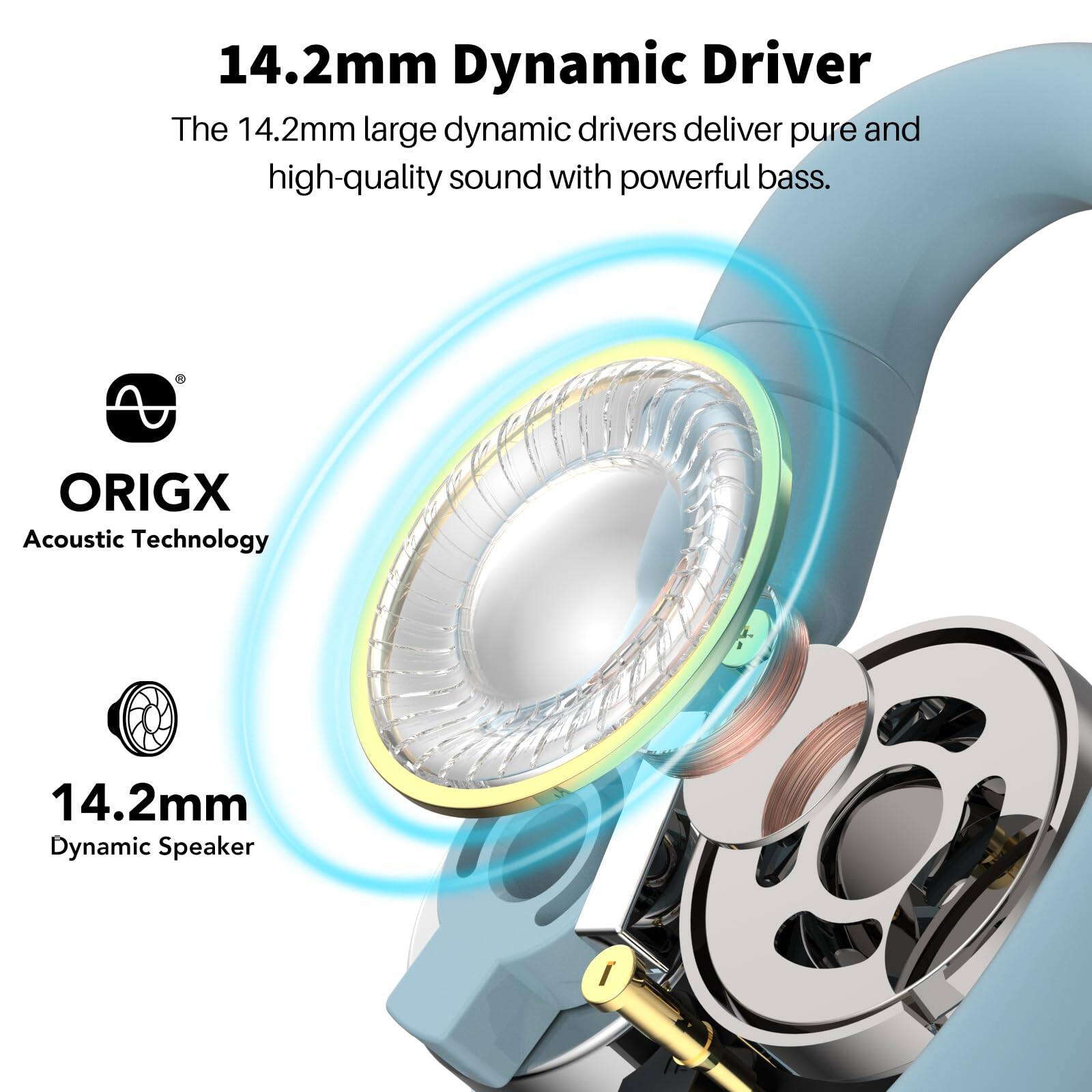 14.2mm Dynamic Driver, The 14.2mm large dynamic drivers deliver pure and high-quality sound with powerful bass. ORIGX Acoustic Technology, 14.2mm Dynamic Speaker
