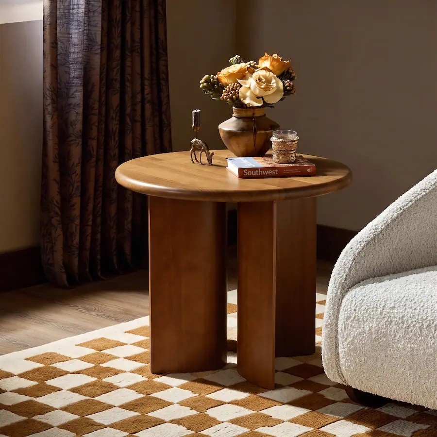 Loheer Finish Pine Wood Round Side Table with Fan Shaped Legs Mid ...