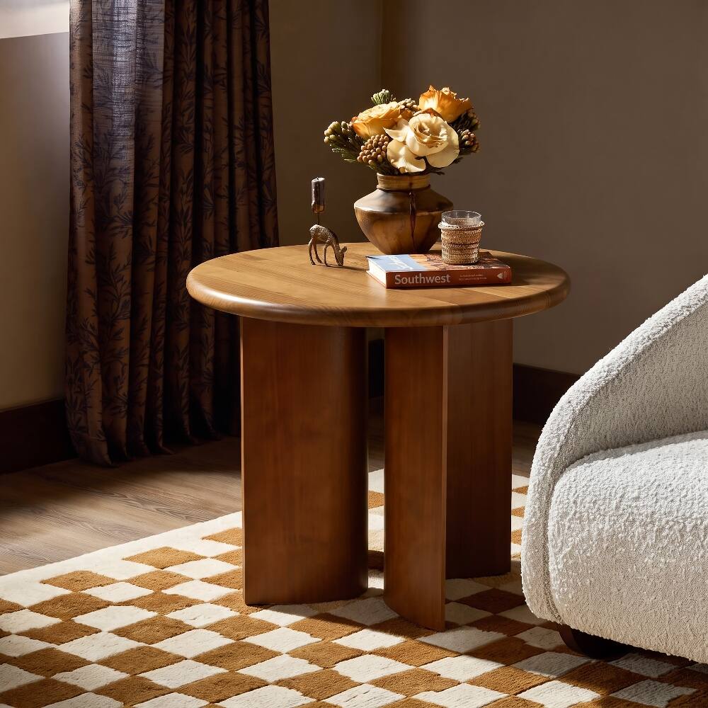 Loheer Finish Pine Wood Round Side Table with Fan Shaped Legs Mid ...