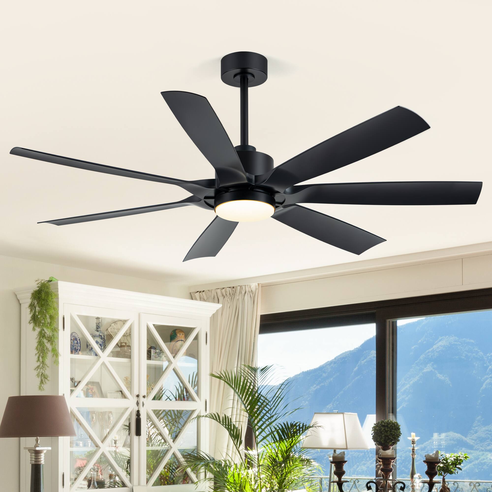 Back. Breezary - 60'' Ceiling Fan with 3-Color Light, 7 ABS Blades, DC Motor, 6-Speed Remote Control, Timer with Memory Function - Matte Black.