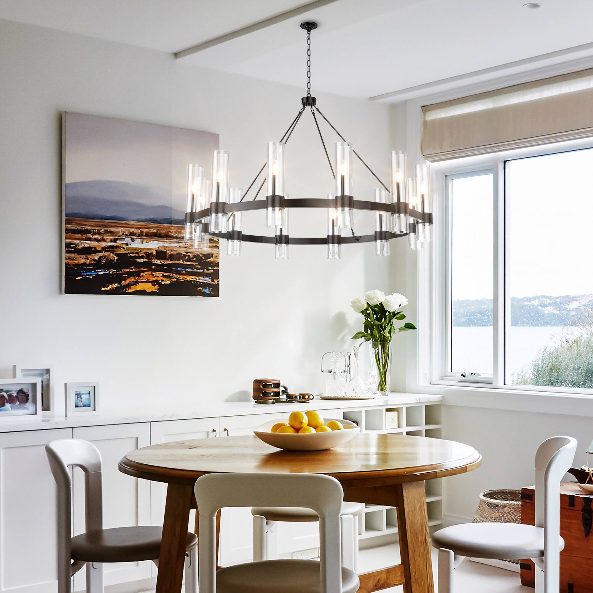 Angle. RYHNUYNE - 45.66 Inch 12-Light Wagon Wheel Chandelier Adjustable Farmhouse Pendant Light with Glass Shades for High Ceilings.