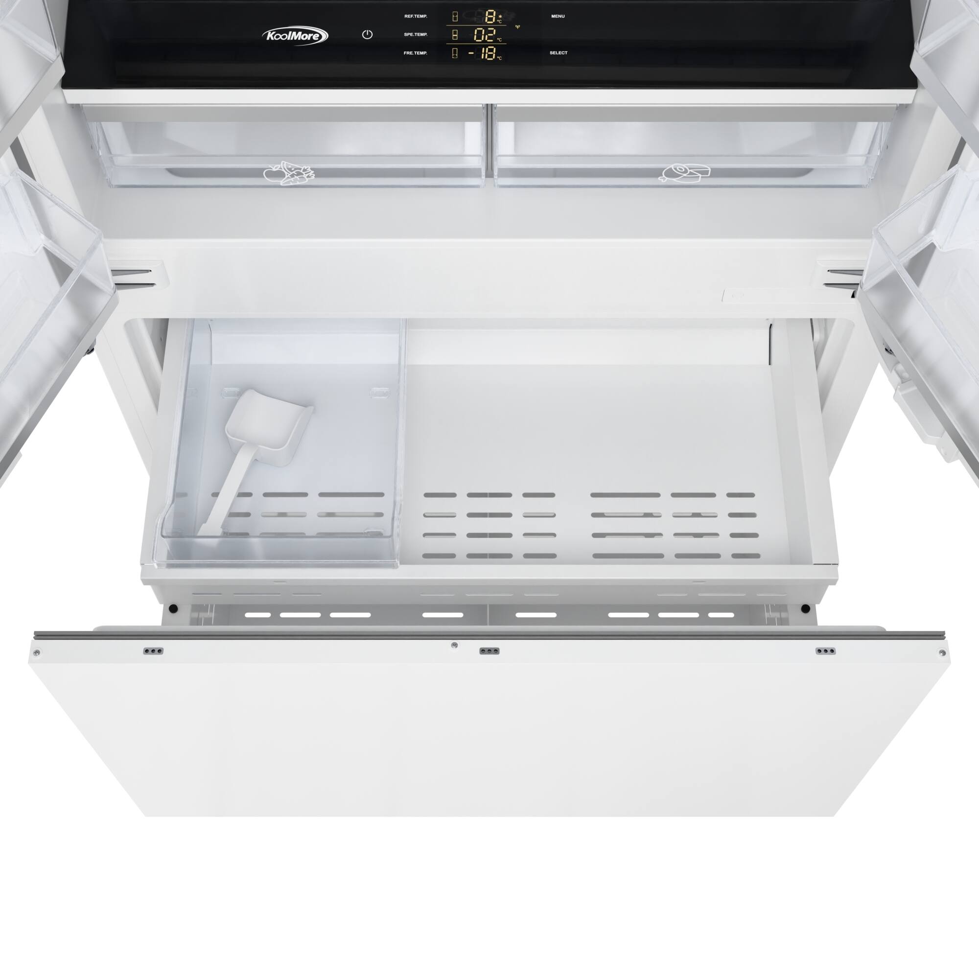 The text on the image reads "KoolMoro 1 - - 2 : : I = H g 8: 02 I 18." However, this text is not in English and does not provide any information about the refrigerator.