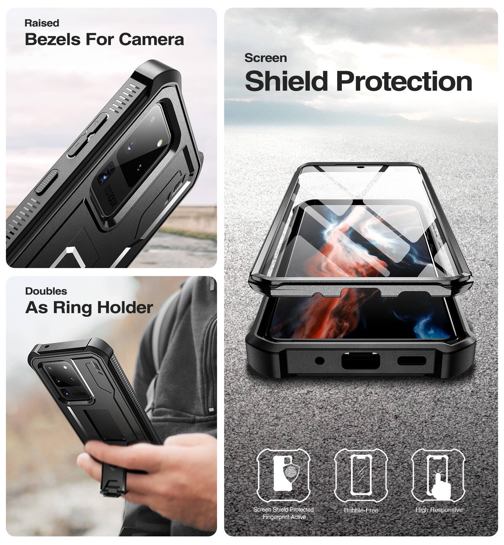 Raised Bezels For Camera  
Screen Shield Protection  
Doubles As Ring Holder  

Screen Shield Protected  
Fingerprint Active  
Bubble-Free  
High Responsive