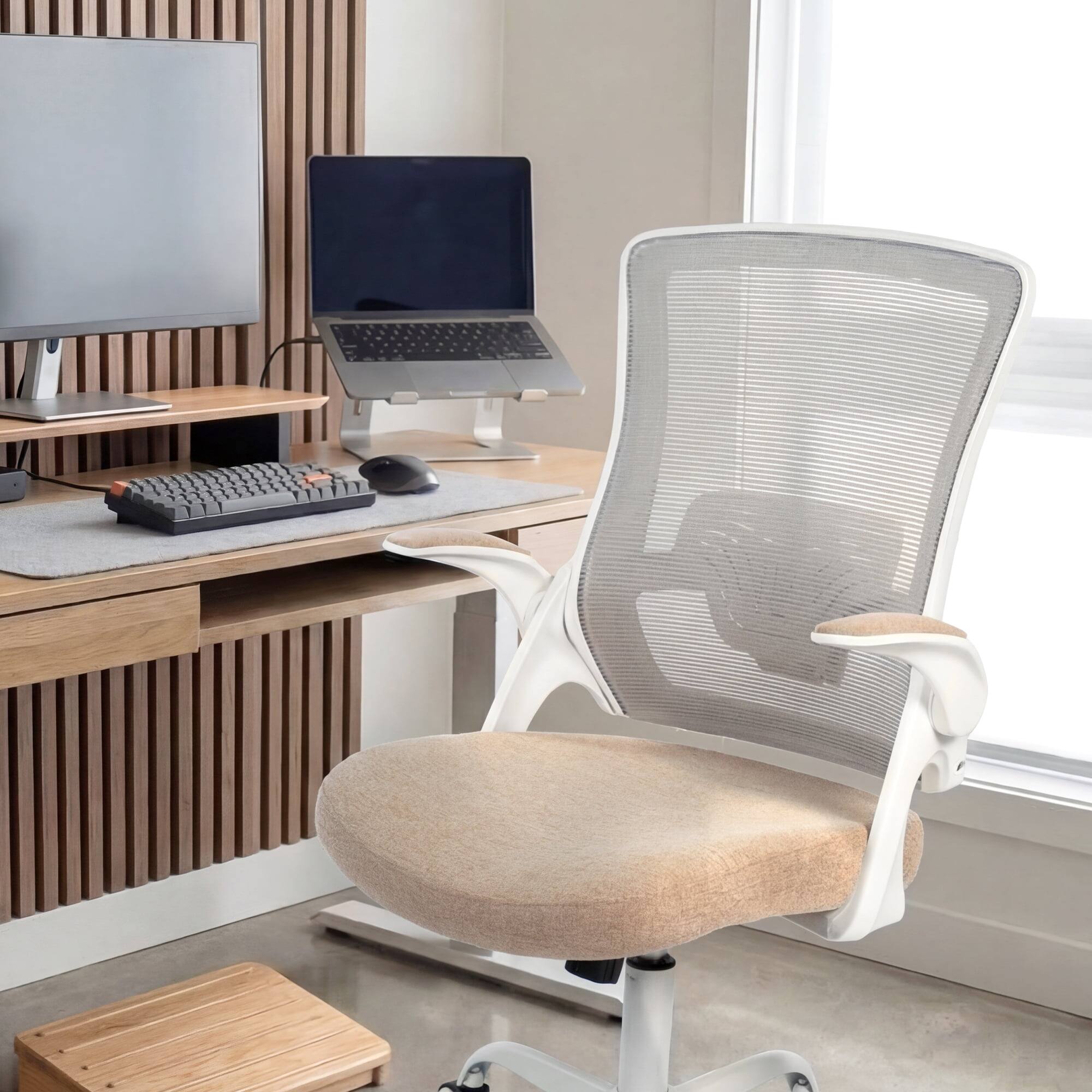 Alt View 8. Neo Chair - Office Chair High Back Desk Mesh Chair Comfy Computer Seat with Adjustable Ergonomic Lumbar Rolling Flip-up Armrests - Steel Base-Beige.