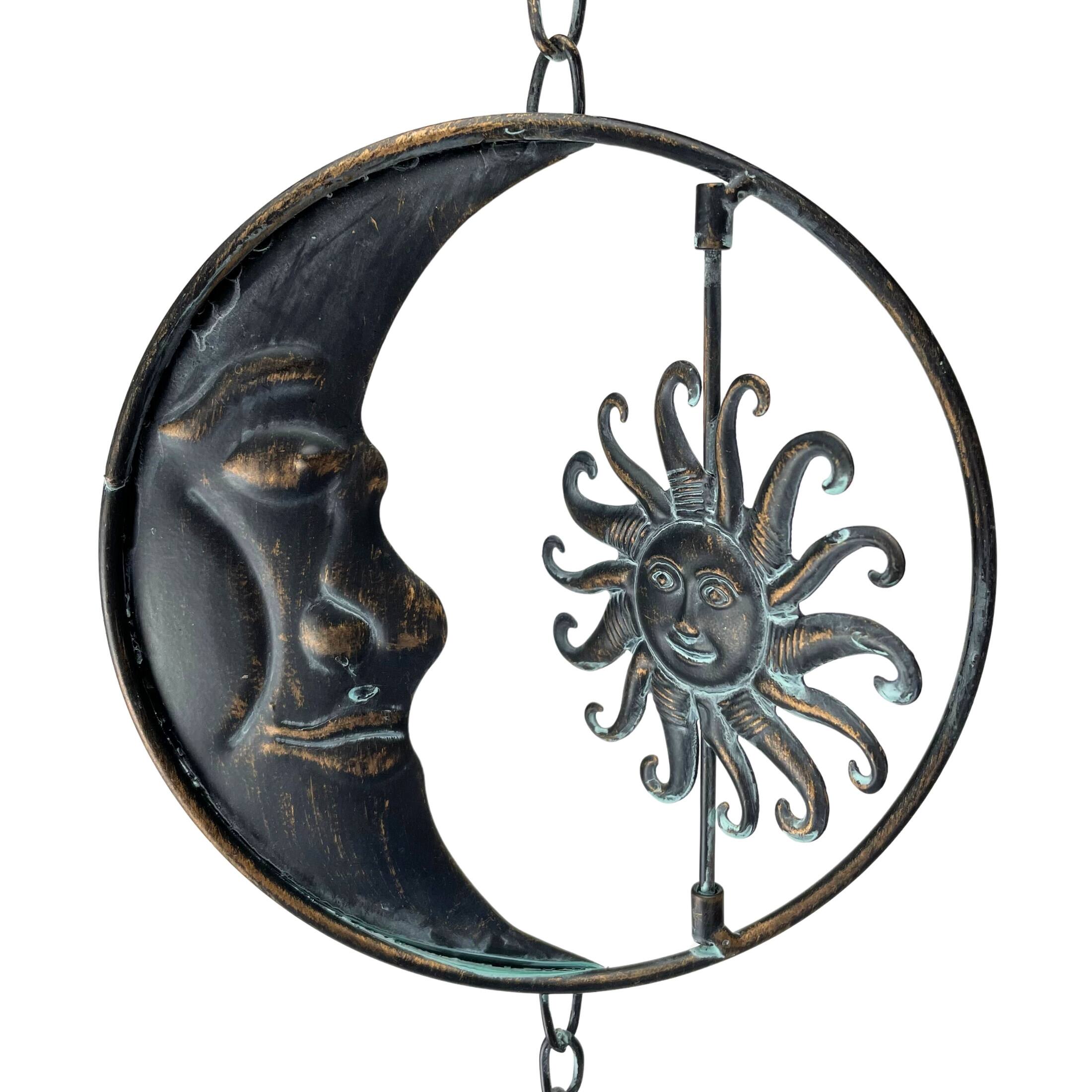 Alt View 2. Things2Die4 - 80-Inch Metal Rain Chain - 6 Celestial Crescent Moon & Suns, Verdigris Finish - Black.