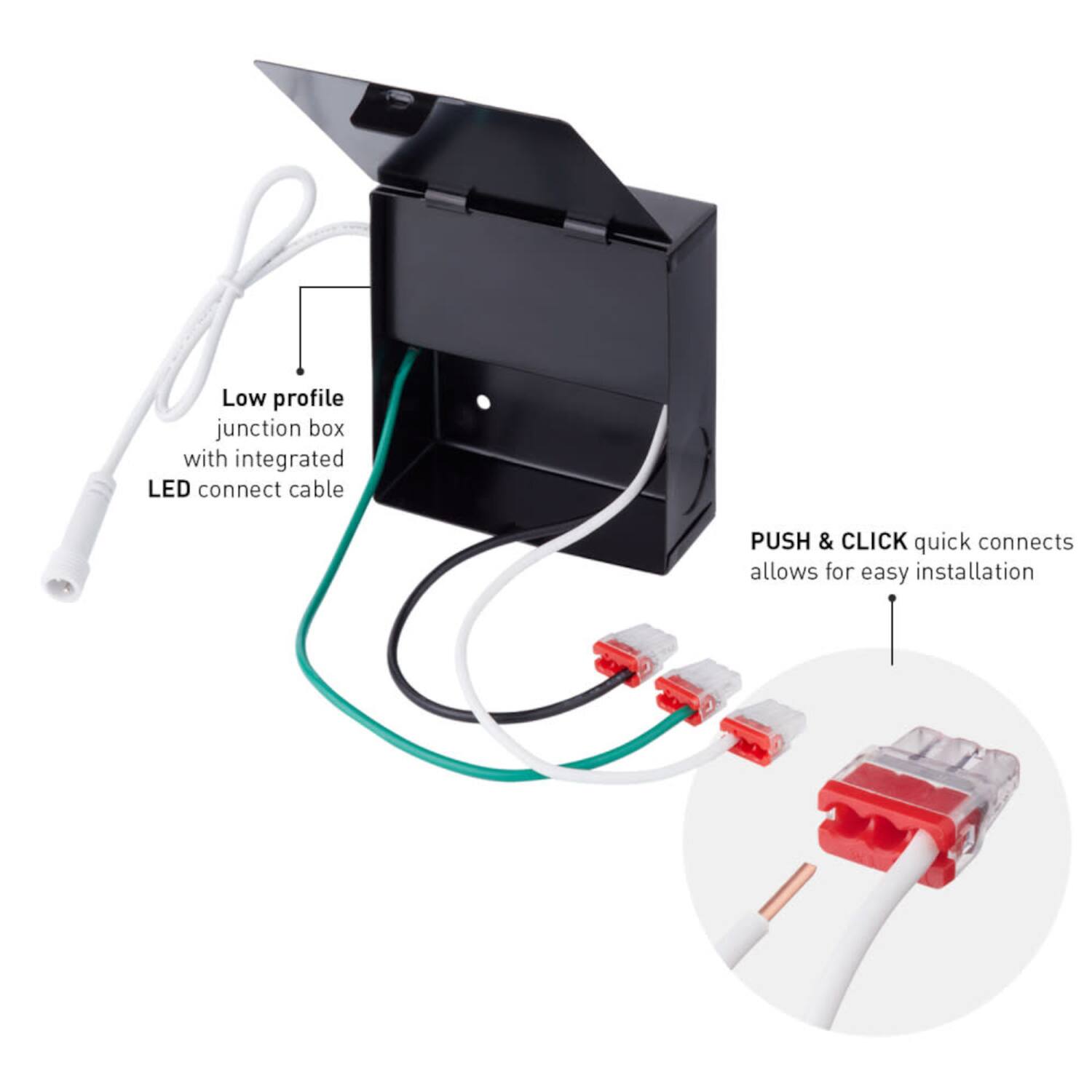 Low profile junction box with integrated LED connect cable

PUSH & CLICK quick connects allows for easy installation