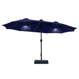 Mondawe - 15ft Double-Sided Solar RGB LED Patio Umbrella with Base, Dual Charging - Navy