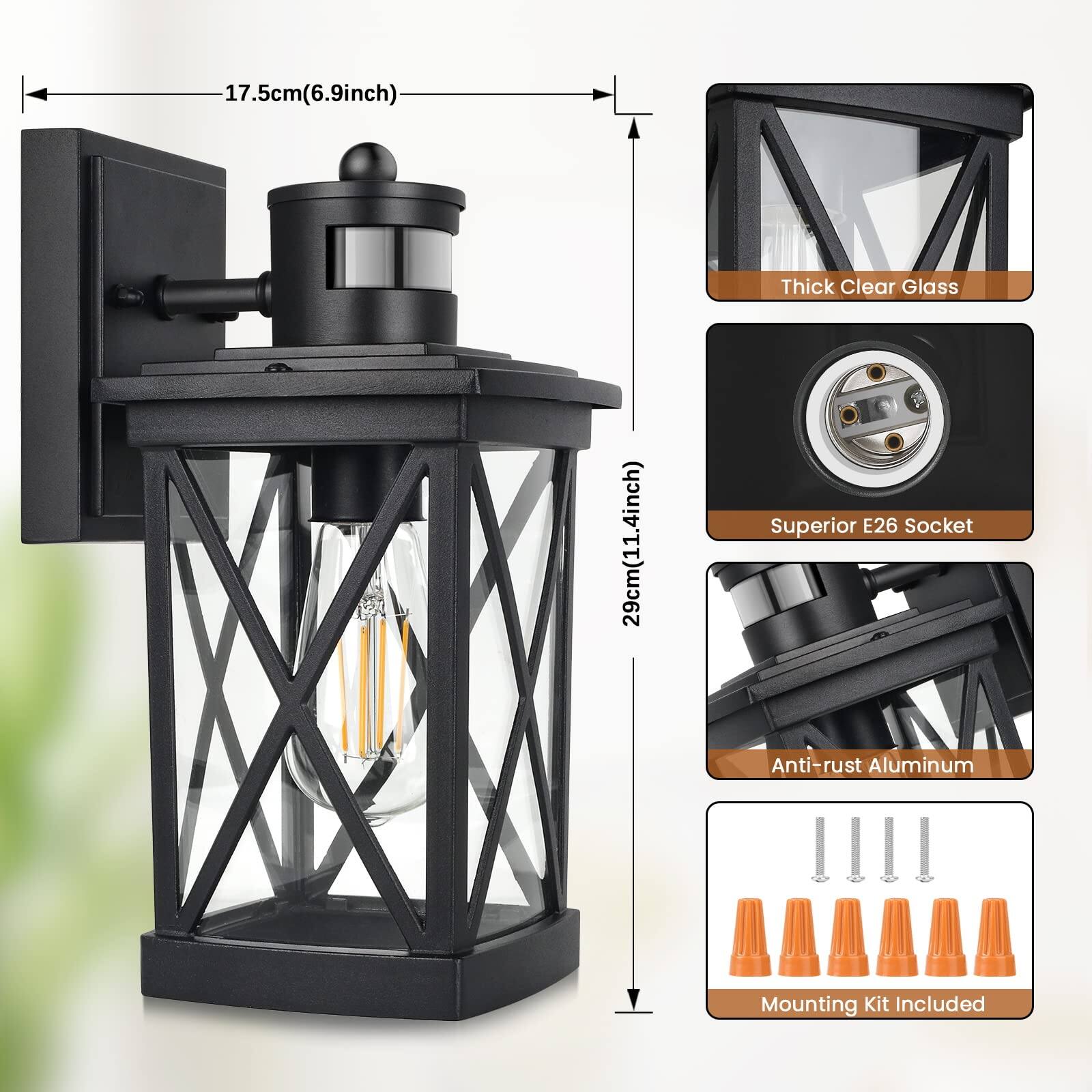 17.5cm (6.9 inch) x 29cm (11.4 inch)

- Thick Clear Glass
- Superior E26 Socket
- Anti-rust Aluminum
- Mounting Kit Included