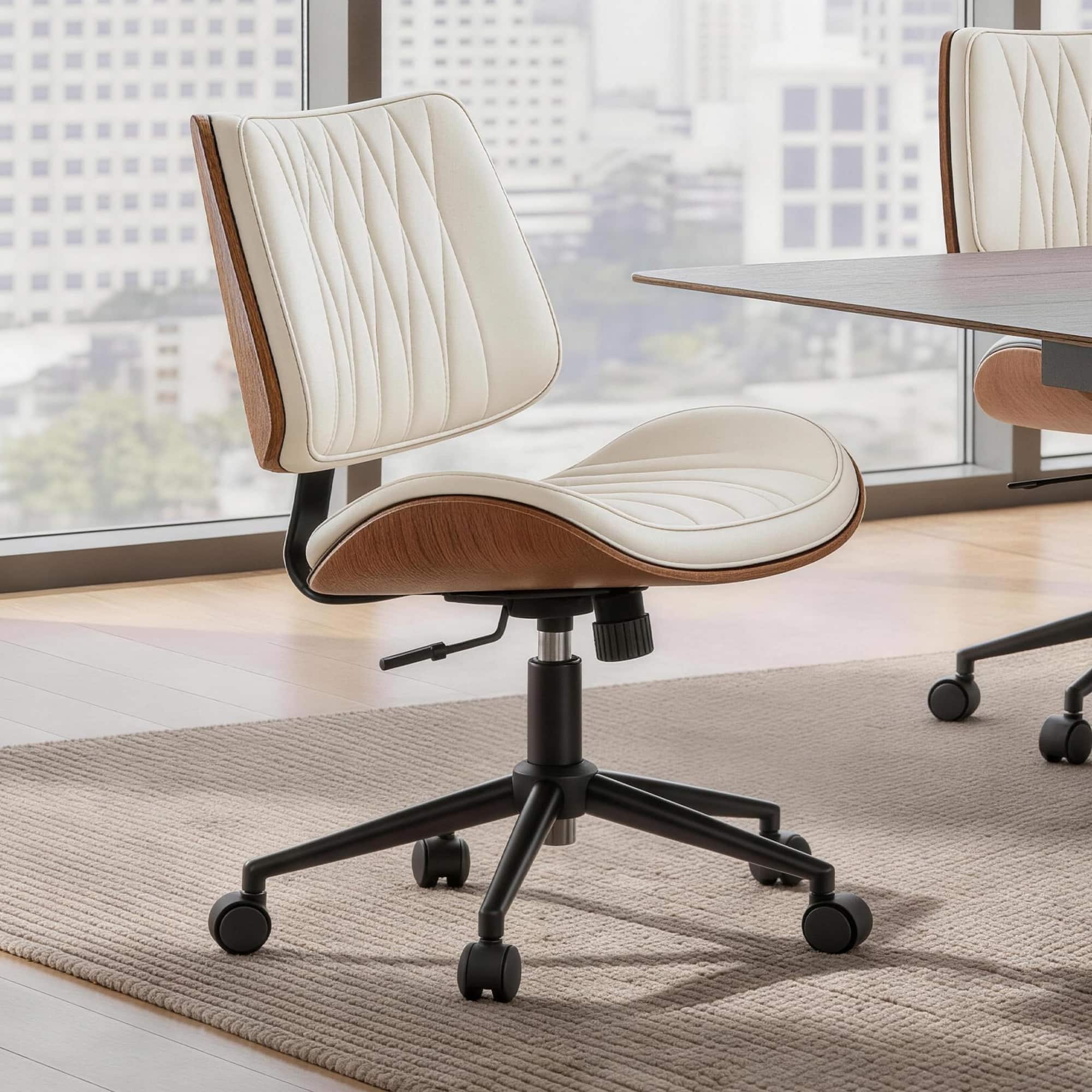 KERDOM - Mid-century Walnut Home Office Chair, PU Leather Swivel Tilt Armless Mid Back Computer Chair for Reading Meeting Room - White