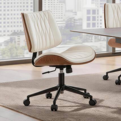 Front. KERDOM - Mid-century Walnut Home Office Chair, PU Leather Swivel Tilt Armless Mid Back Computer Chair for Reading Meeting Room - White.
