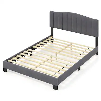 Front. Costway - Costway Modern Upholstered Bed Frame Queen Size Platform Bed with Wooden Slat Support - Gray.