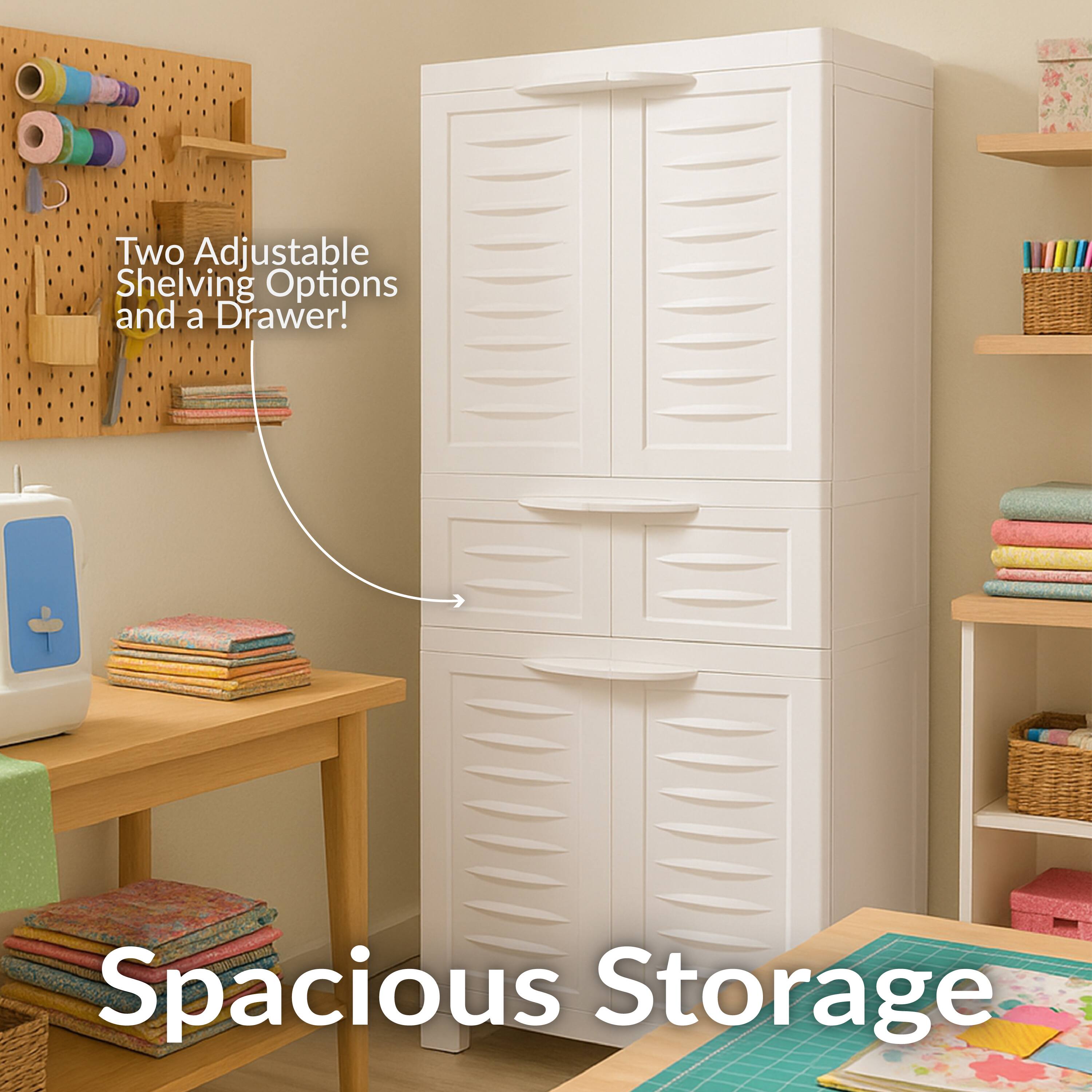 Two Adjustable Shelving Options and a Drawer!  
Spacious Storage