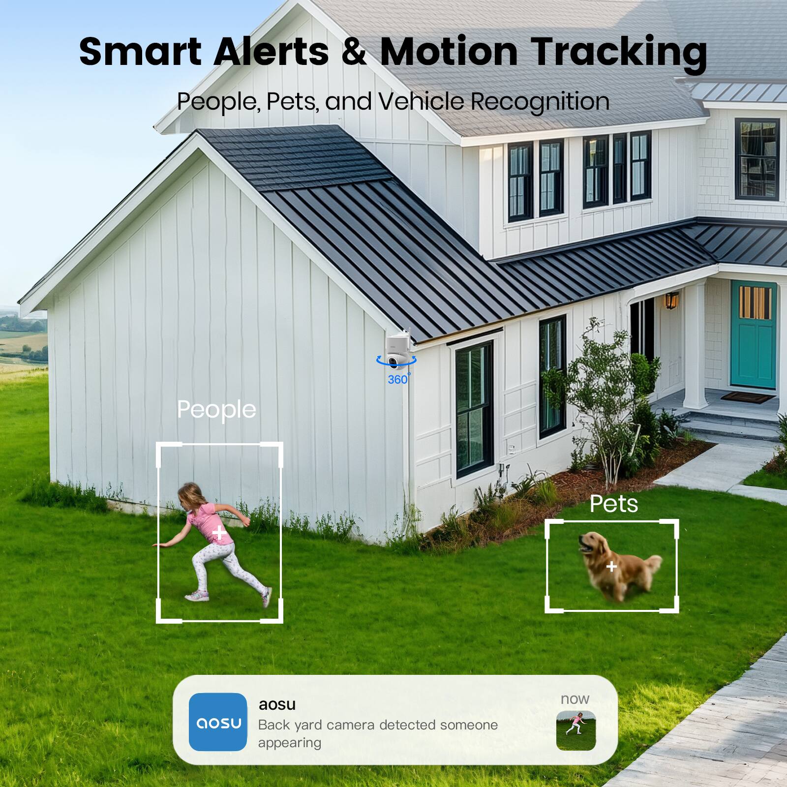 Smart Alerts & Motion Tracking  
People, Pets, and Vehicle Recognition  

People 360 + Pets + aosu  
Back yard camera detected someone appearing now