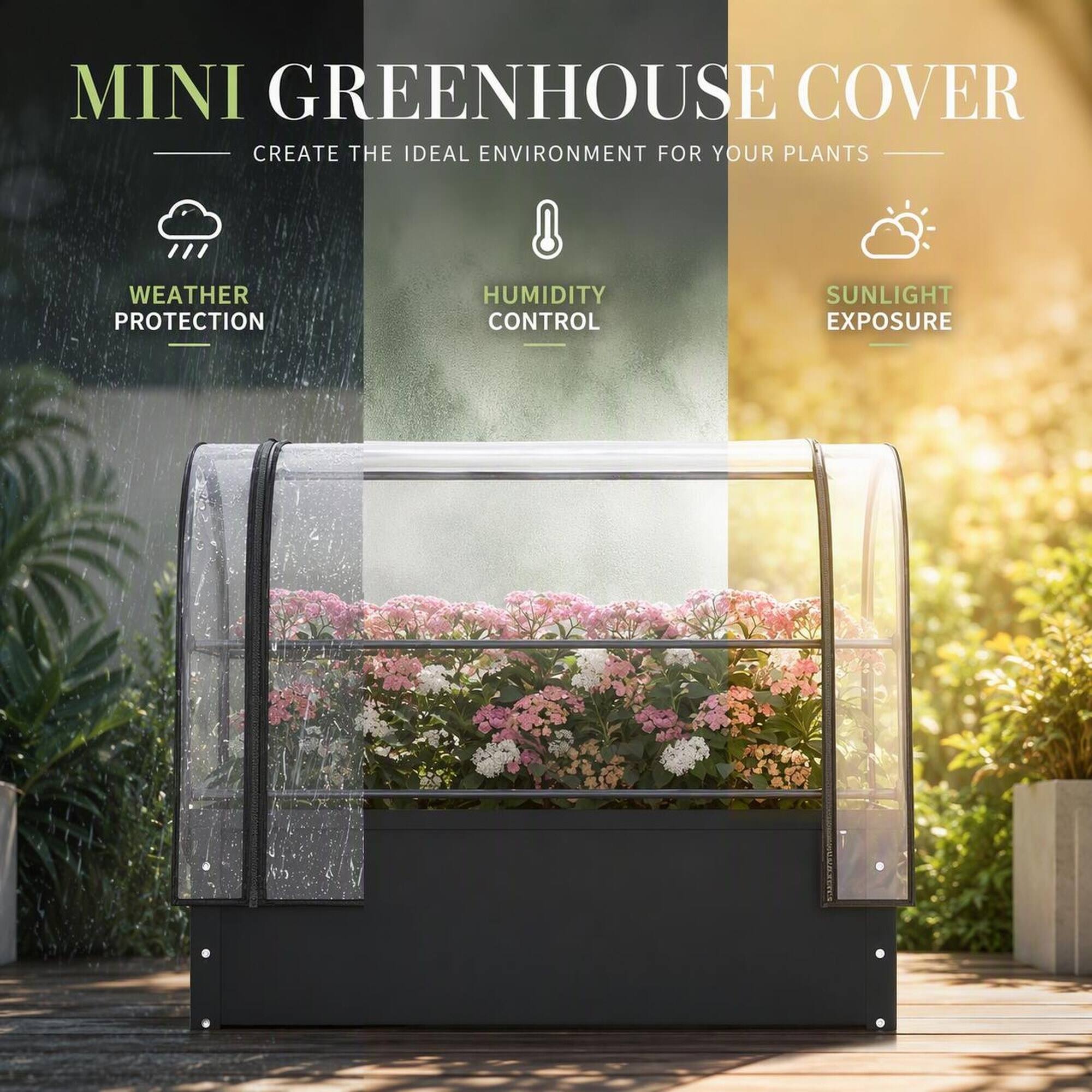 MINI GREENHOUSE COVER  
CREATE THE IDEAL ENVIRONMENT FOR YOUR PLANTS  

- WEATHER PROTECTION  
- HUMIDITY CONTROL  
- SUNLIGHT EXPOSURE