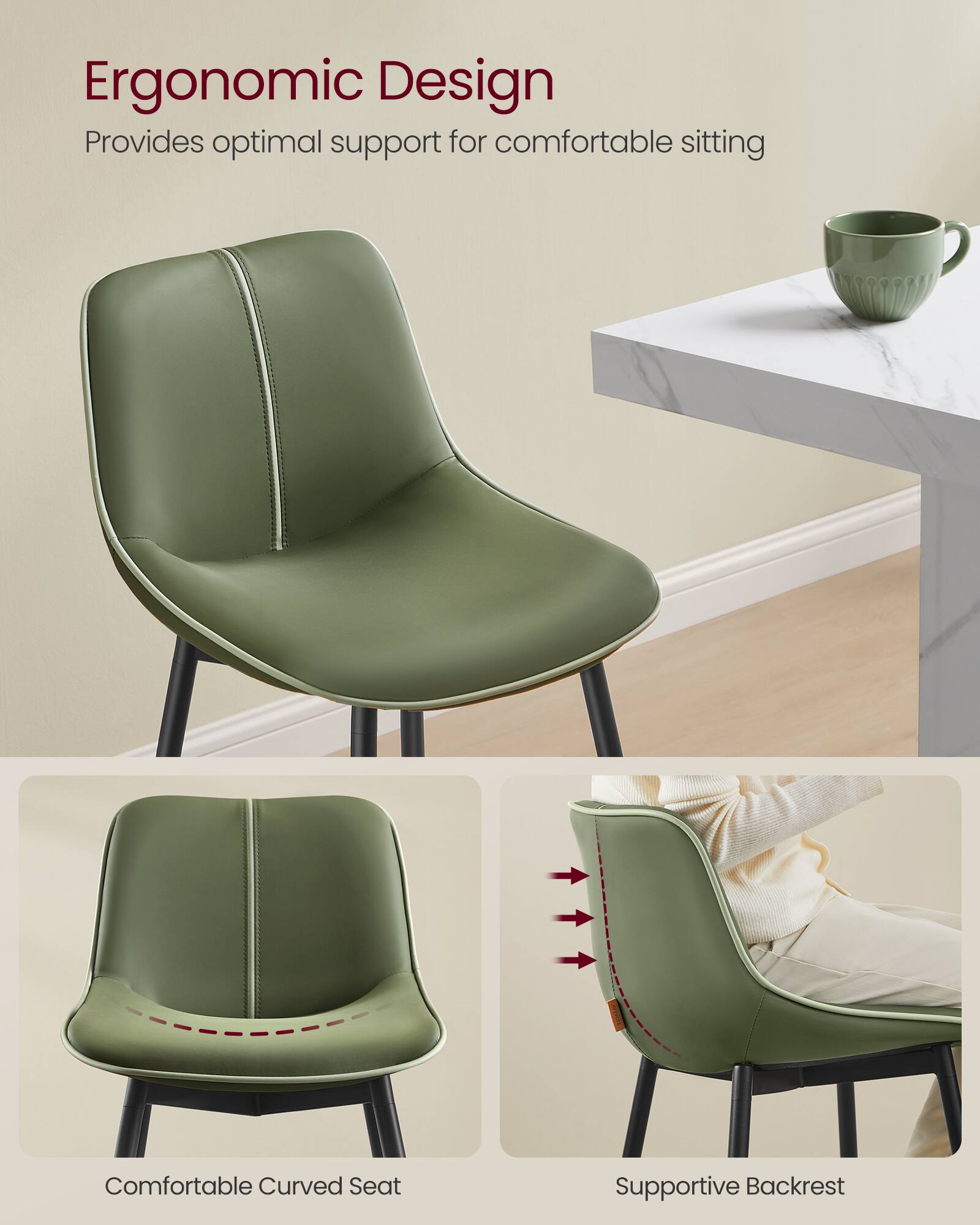 Ergonomic Design  
Provides optimal support for comfortable sitting  

Comfortable Curved Seat  
Supportive Backrest