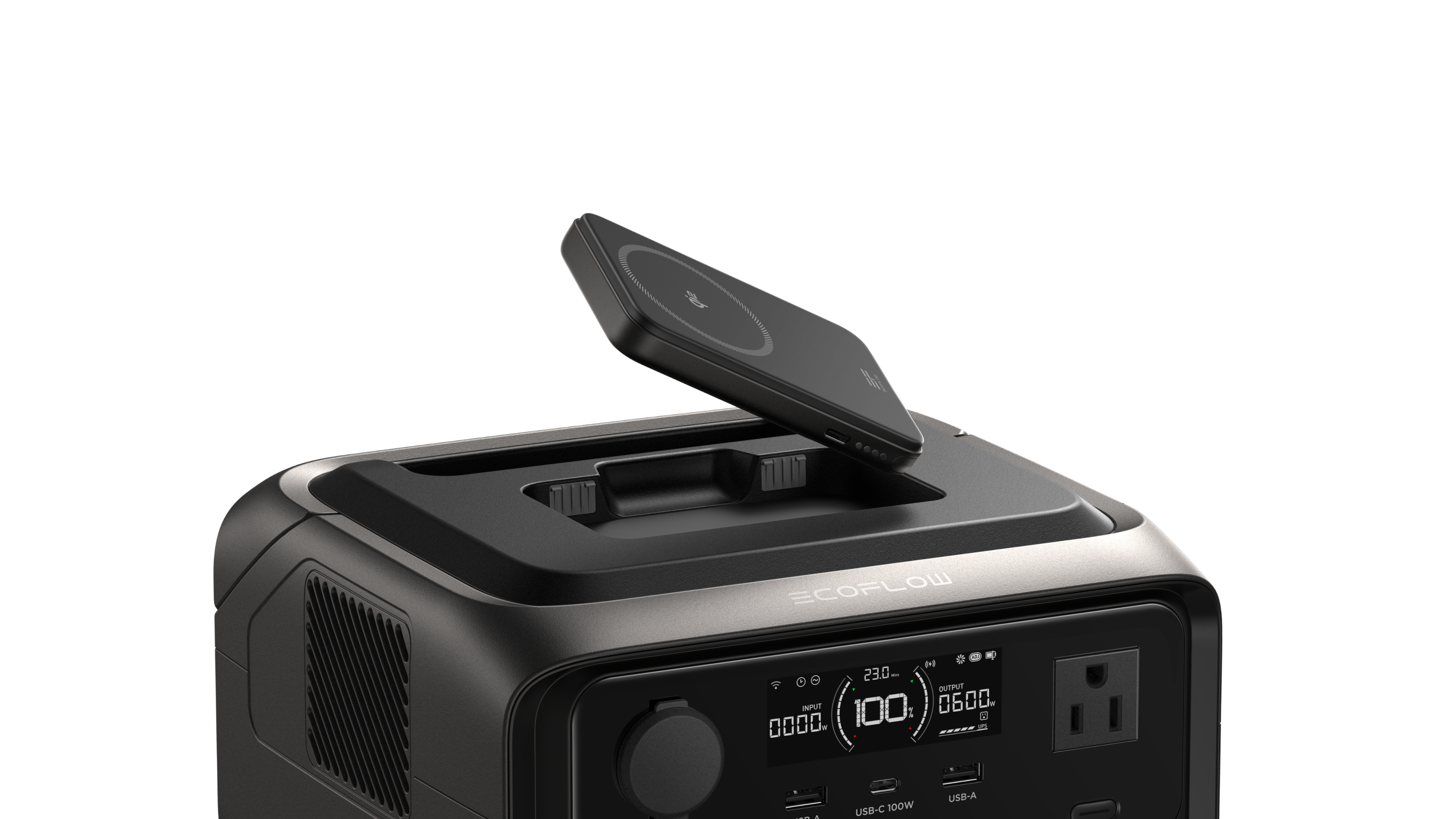 ECOFLOW (230V OUTPUT INPUT 100% 06:00. A 00:00. . - USB-C 100W USB-A