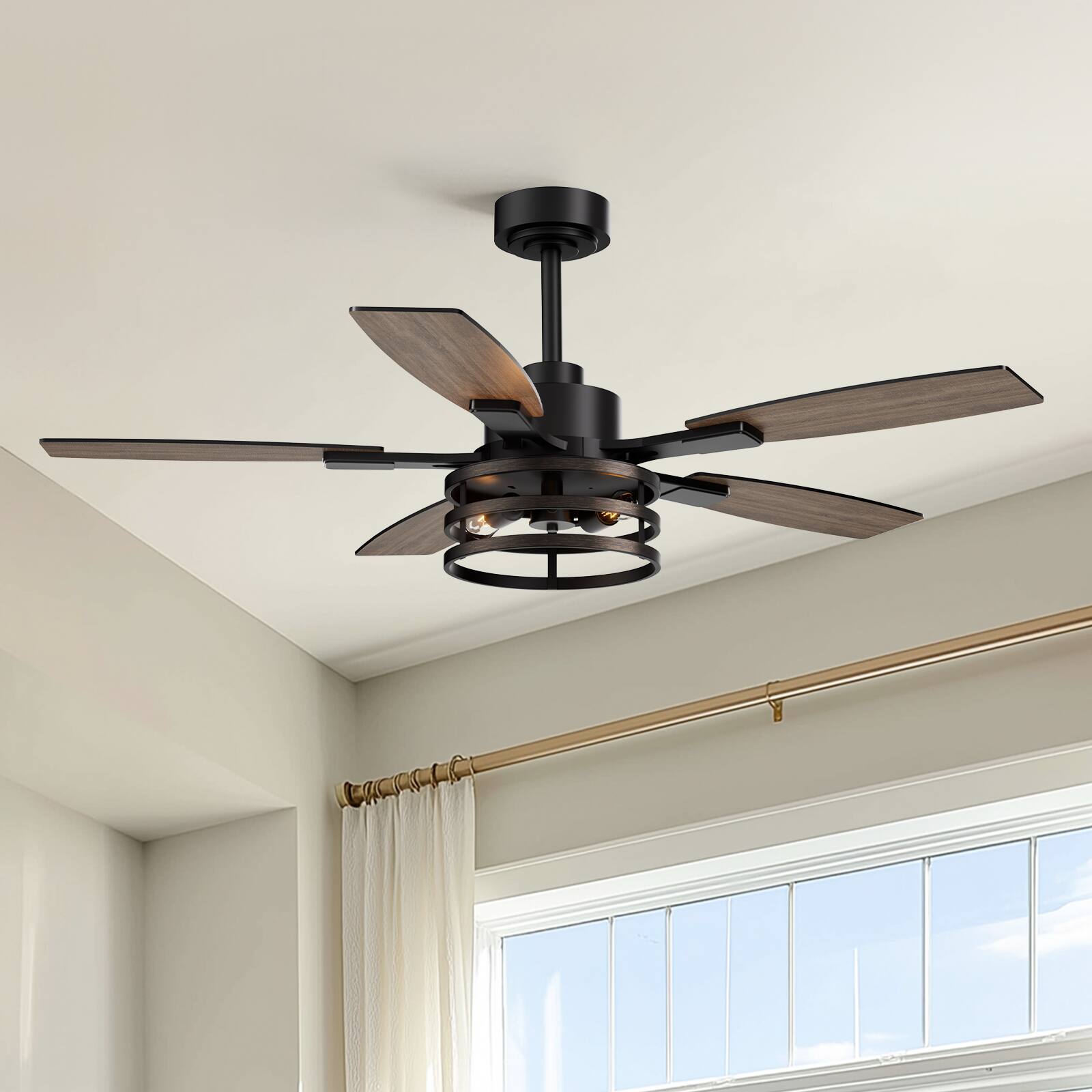 Angle. Siljoy - 52 Inch Farmhouse Cage Ceiling Fan with Light 5 Walnut or Black Blades Remote for Bedroom Living Room Patio - Brown.