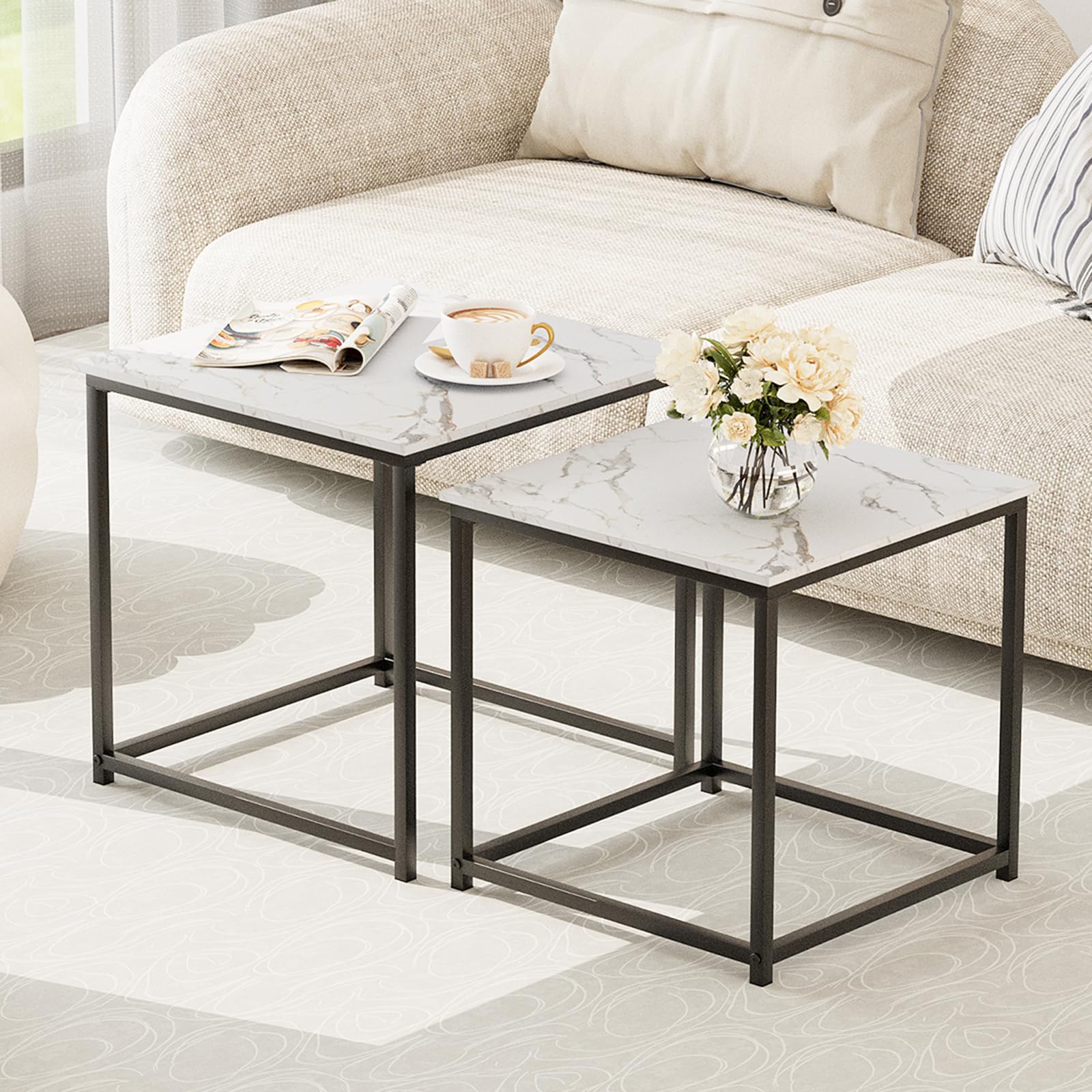 Alt View 2. Hanke - Coffee Table Modern Faux Marble Nesting Metal Frame Square Center Side Tables For Living Room Bedroom And - Gold 19.7".